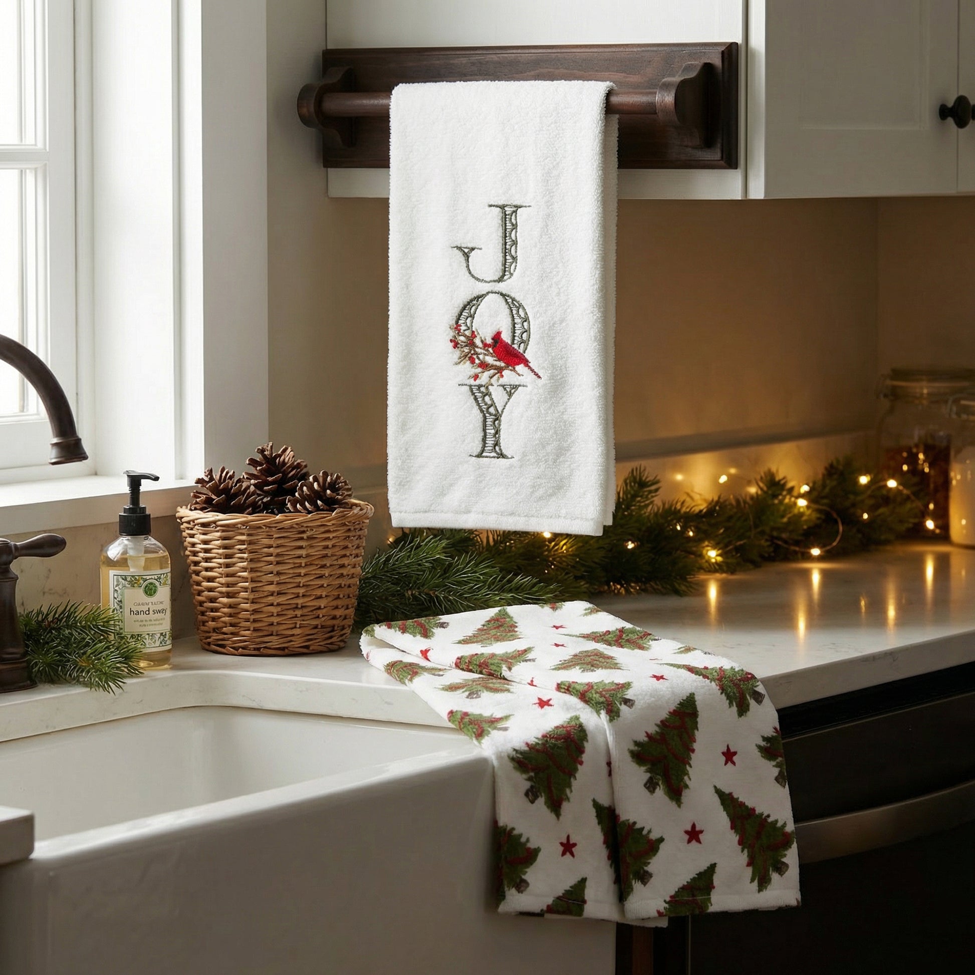 Embroidery Hand Towel Set of 2 Joy, Kitchen Towel, Holiday Decor