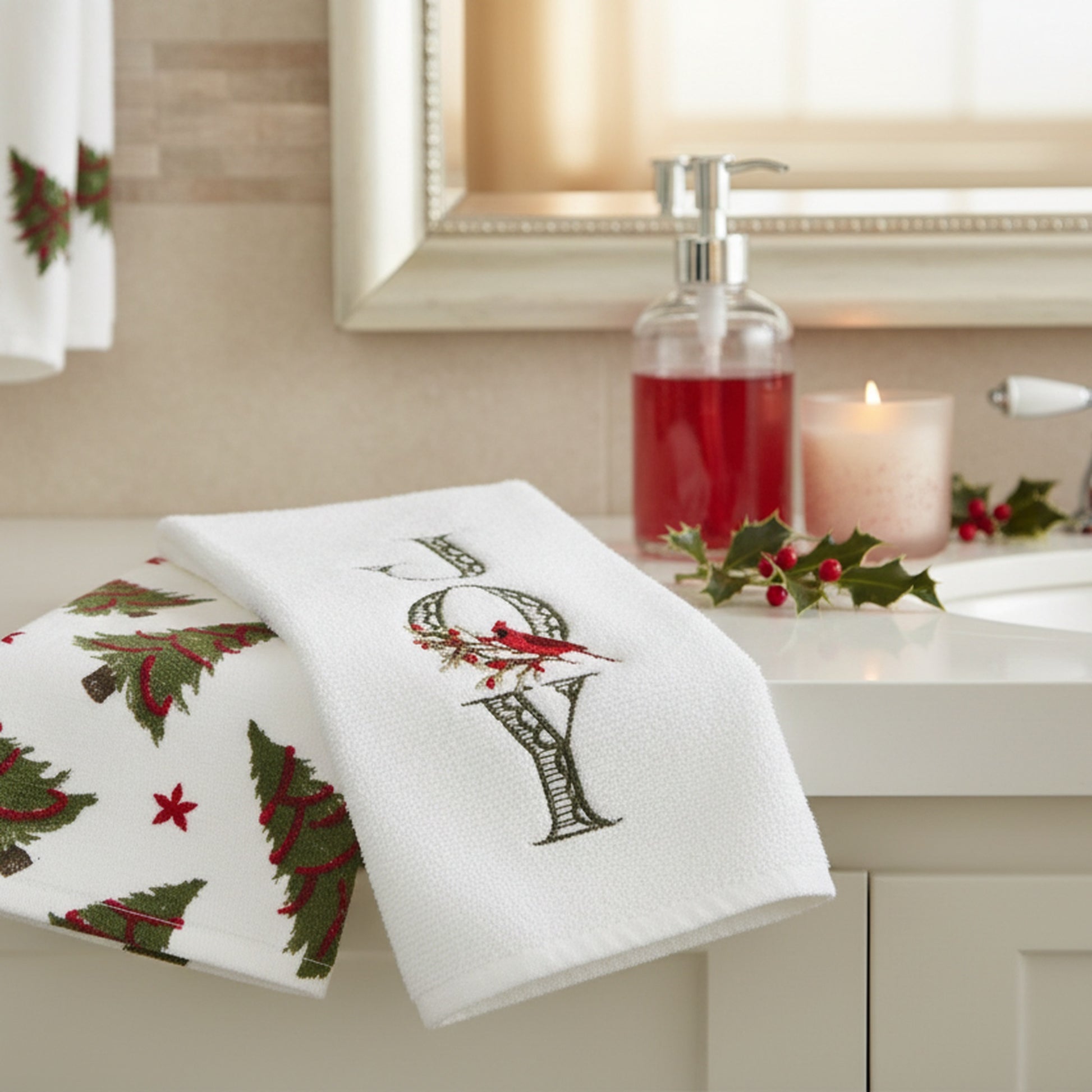 Embroidery Hand Towel Set of 2 Joy, Kitchen Towel, Holiday Decor