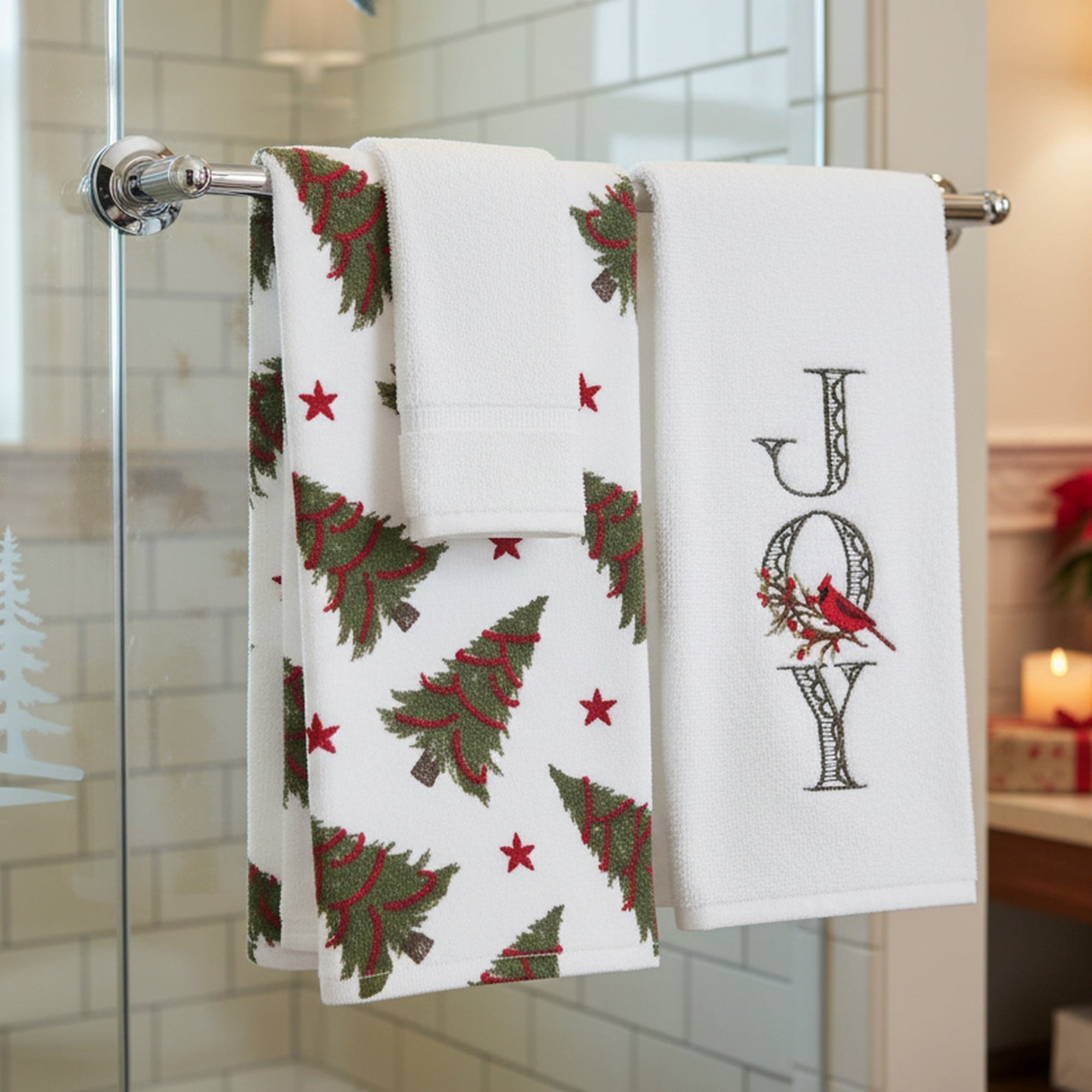 Embroidery Hand Towel Set of 2 Joy, Kitchen Towel, Holiday Decor