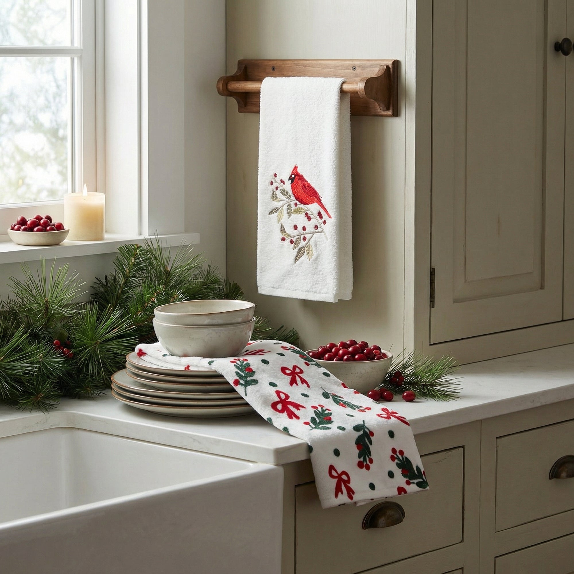 Embroidery Hand Towel Set of 2 Cardinal, Christmas, Kitchen Towel, Holiday Decor