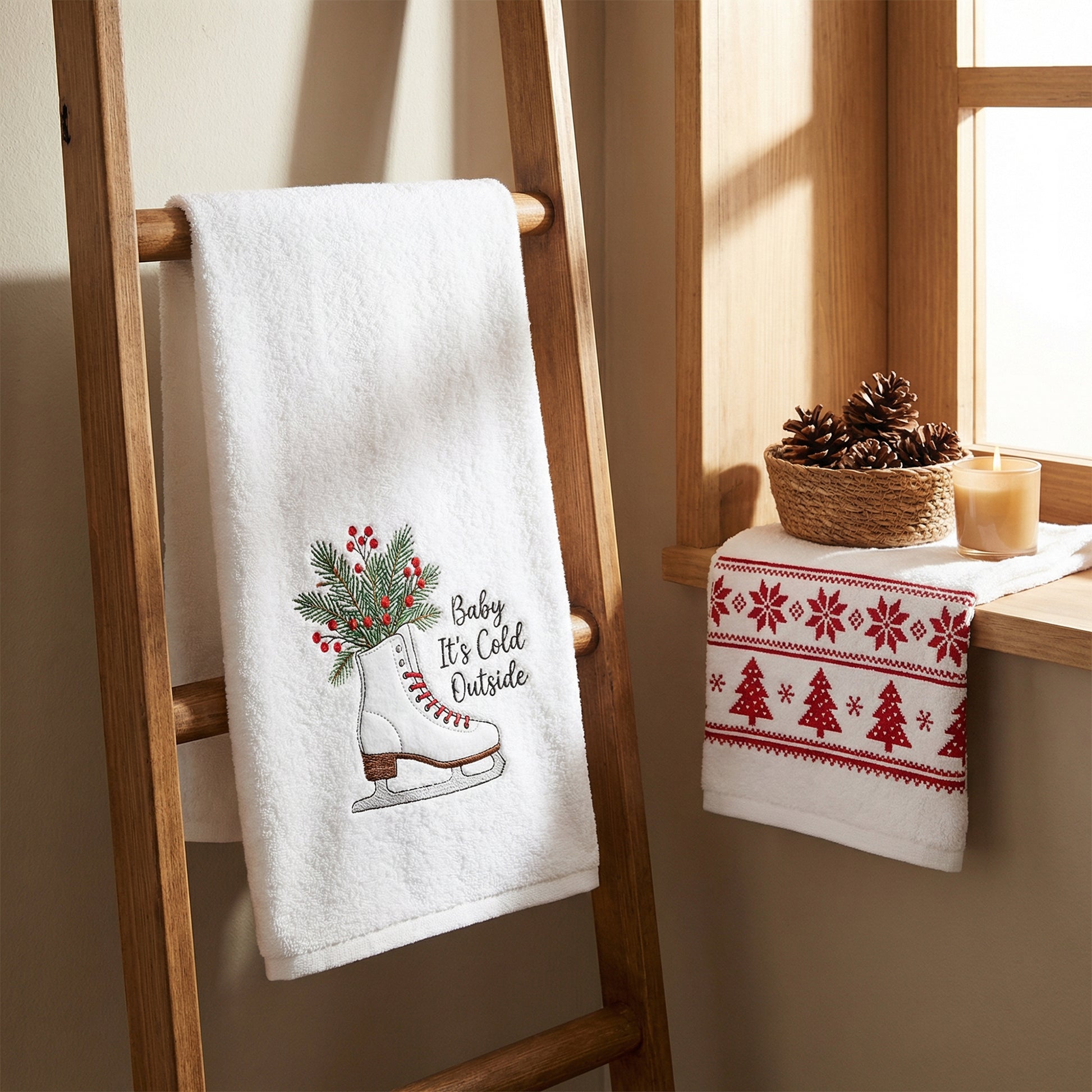 Embroidery Hand Towel Set of 2 Ice Skates, Kitchen Towel, Holiday Decor