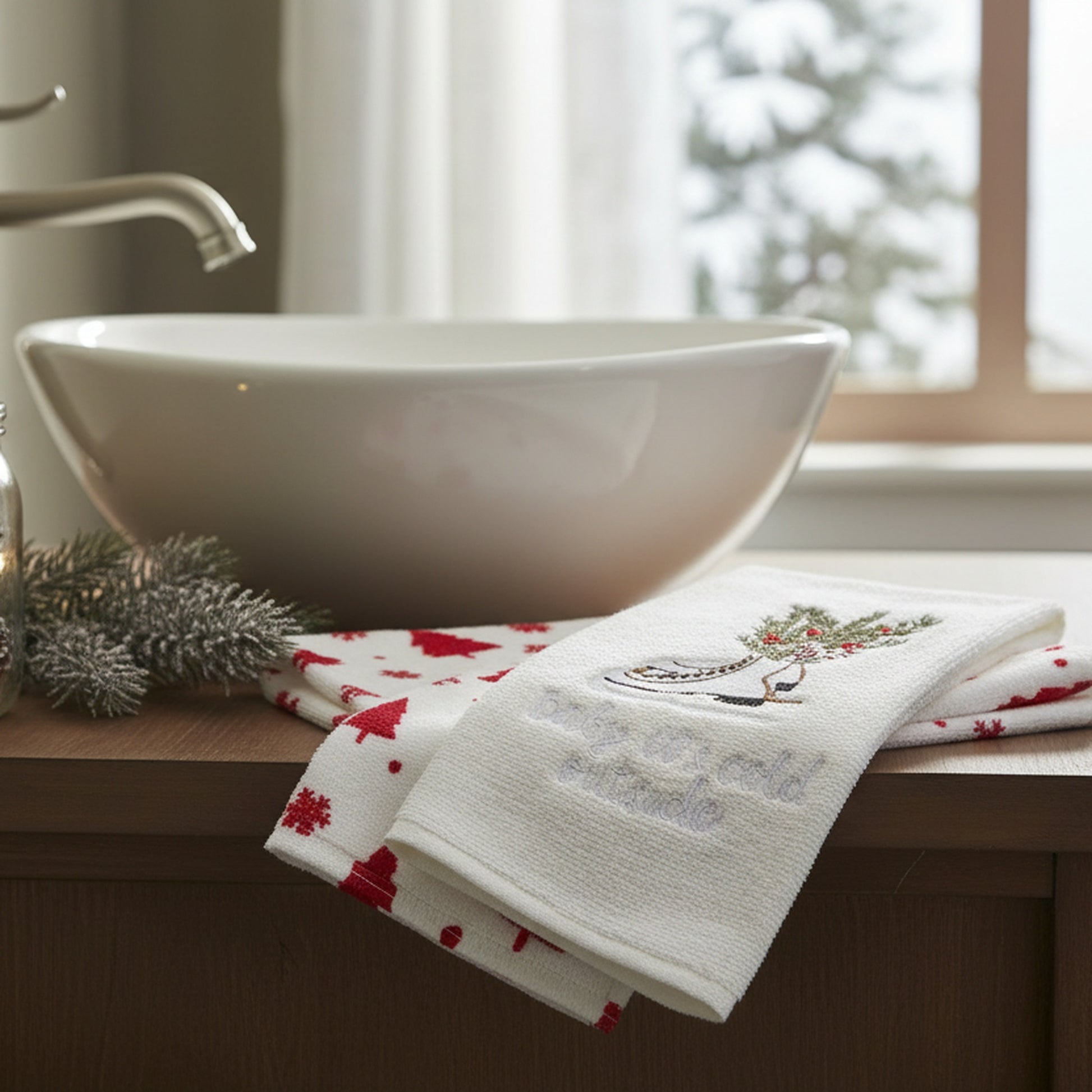Embroidery Hand Towel Set of 2 Ice Skates, Kitchen Towel, Holiday Decor