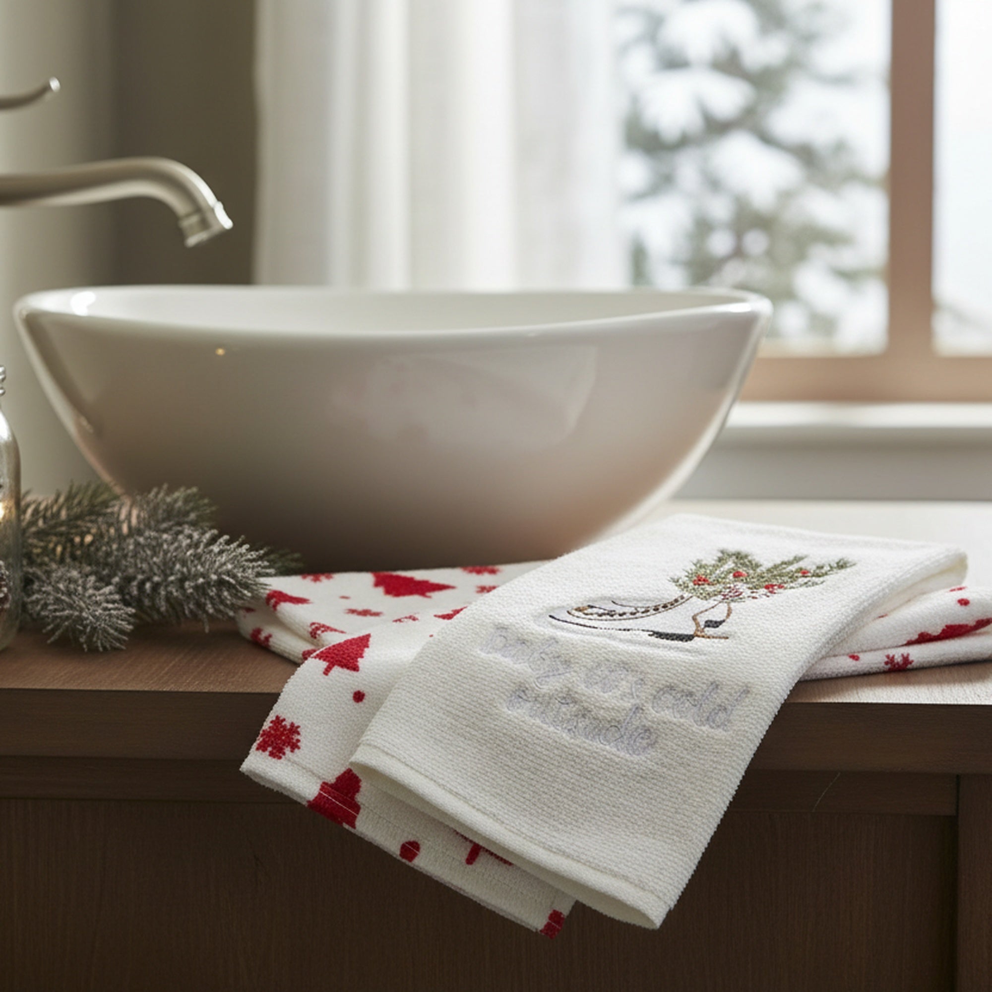 Embroidery Hand Towel Set of 2 Ice Skates, Kitchen Towel, Holiday Decor