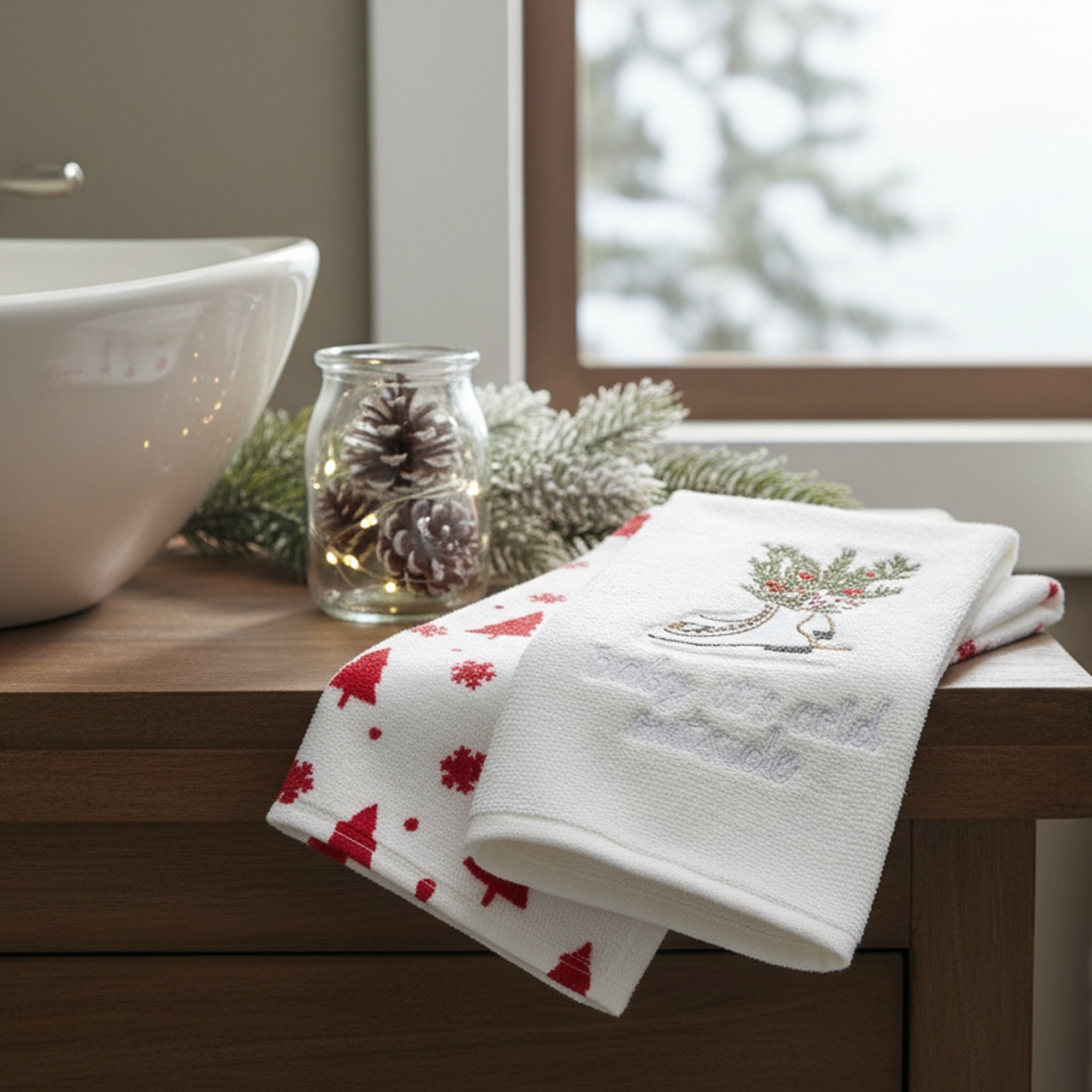 Embroidery Hand Towel Set of 2 Ice Skates, Kitchen Towel, Holiday Decor