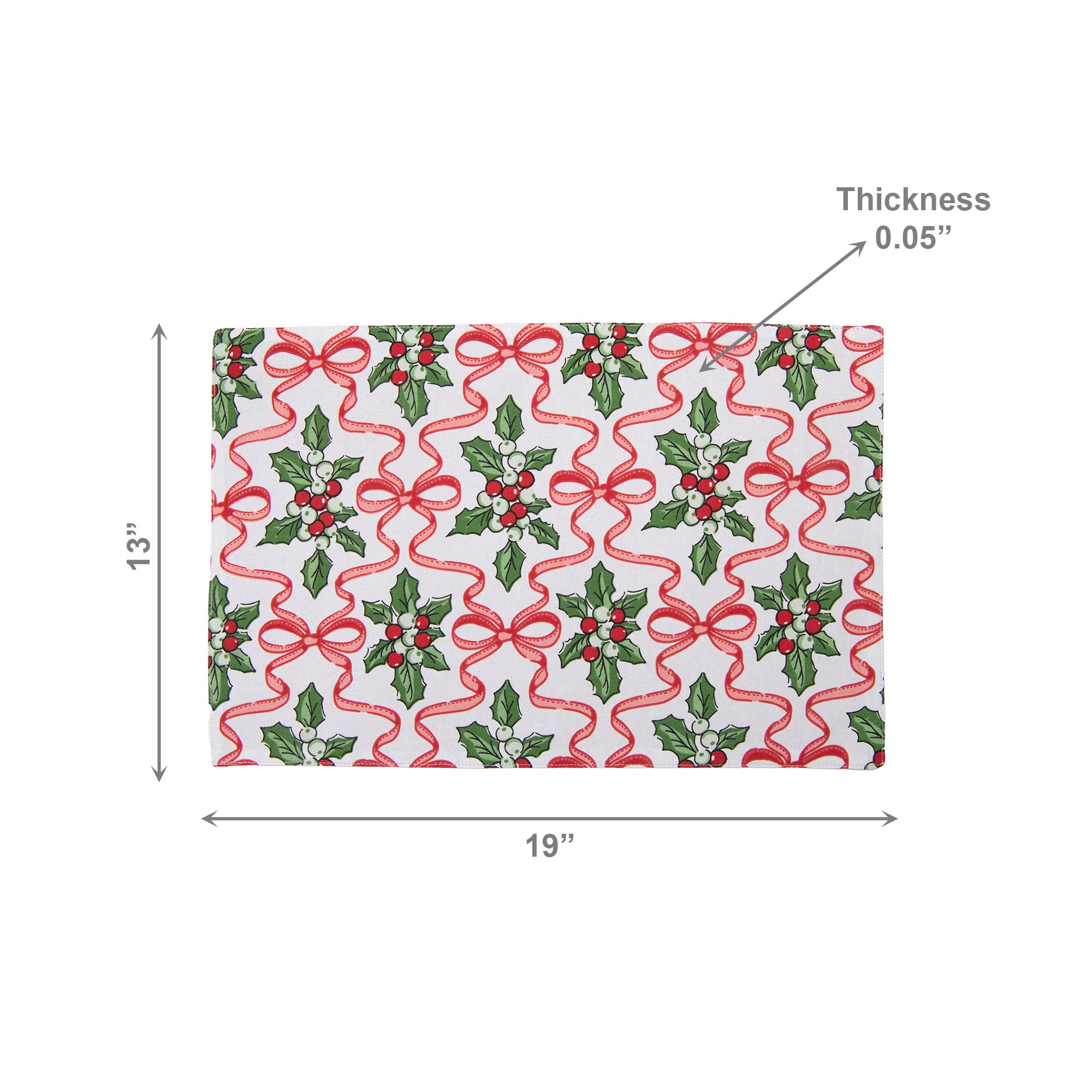 Cotton Placemat Holly & Bows, Christmas, Placemat, Holiday Decor- Set of 12
