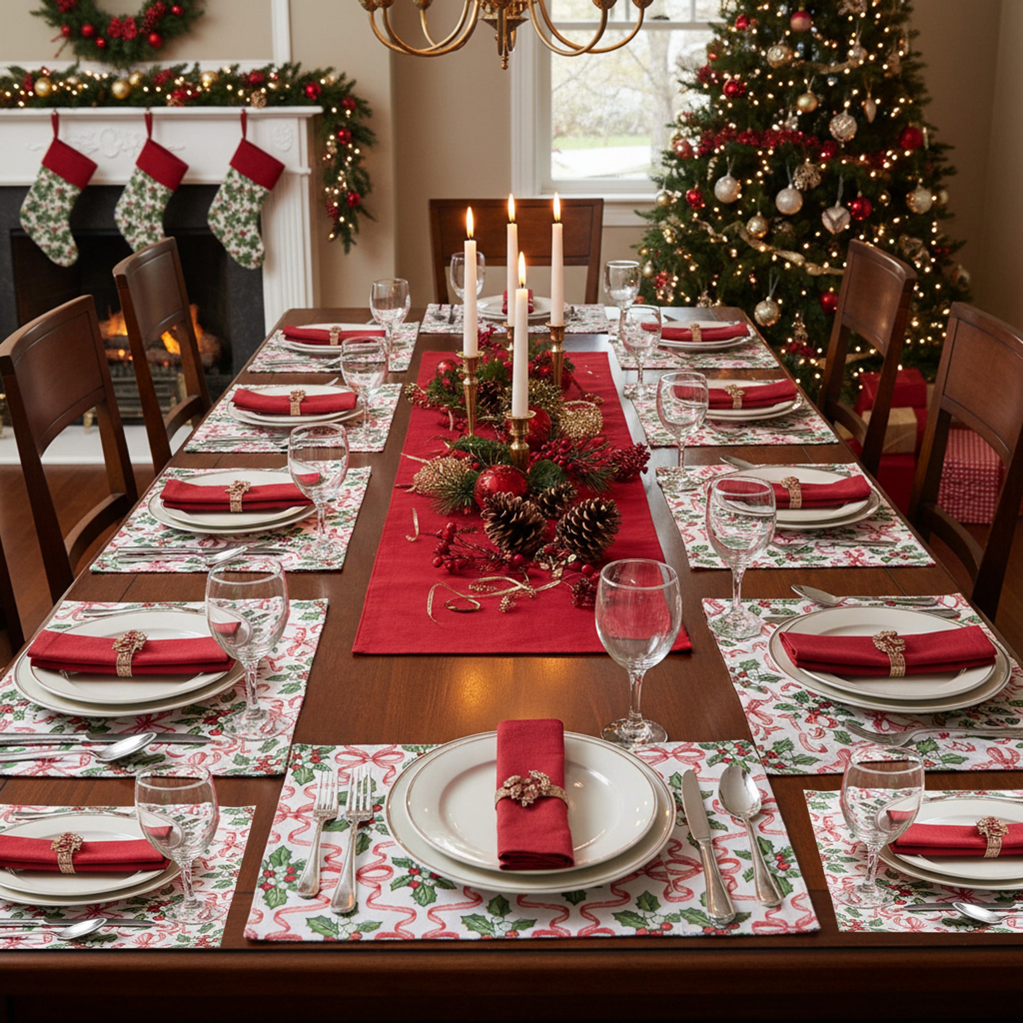 Cotton Placemat Holly & Bows, Christmas, Placemat, Holiday Decor- Set of 12