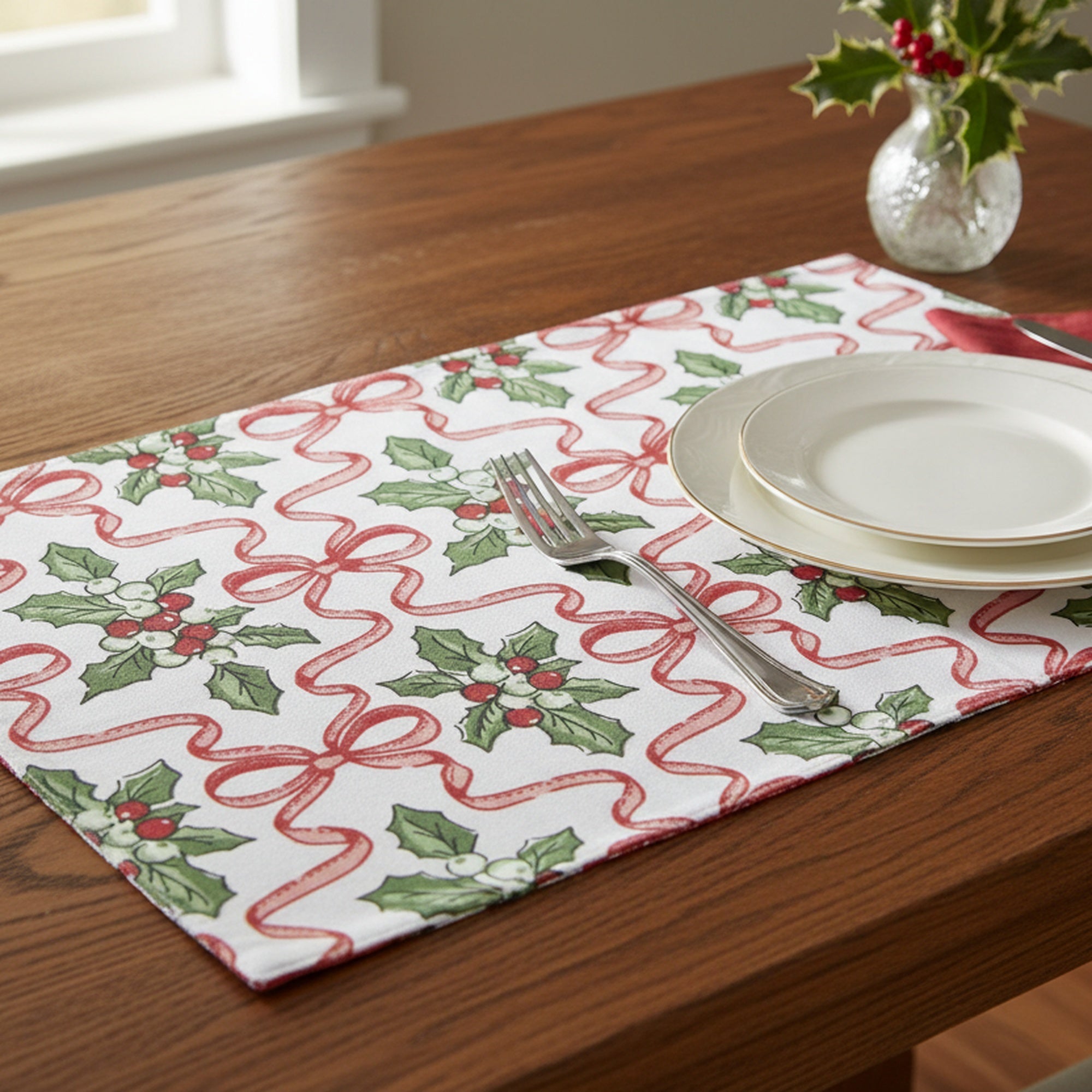 Cotton Placemat Holly & Bows, Christmas, Placemat, Holiday Decor- Set of 12