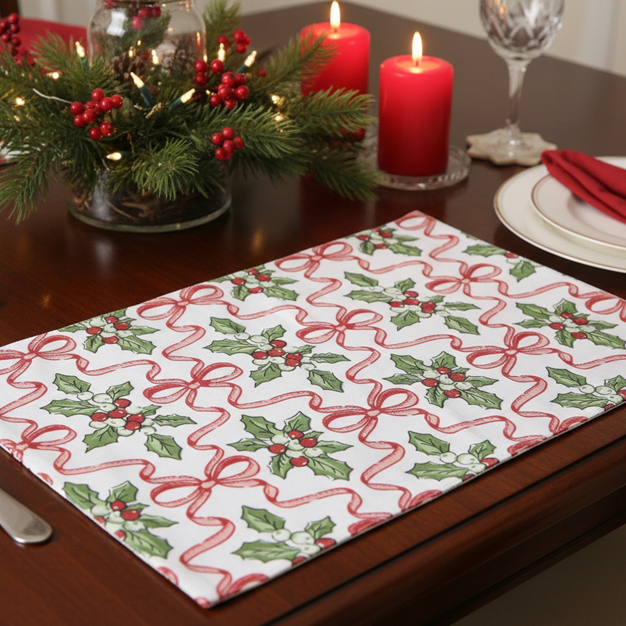 Cotton Placemat Holly & Bows, Christmas, Placemat, Holiday Decor- Set of 12