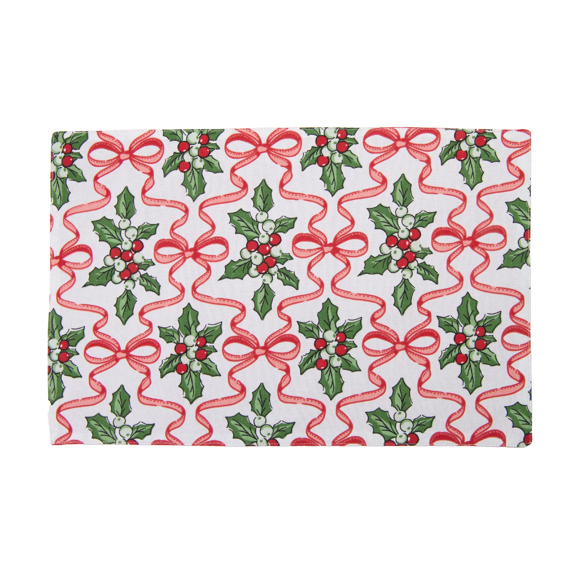 Cotton Placemat Holly & Bows, Christmas, Placemat, Holiday Decor- Set of 12