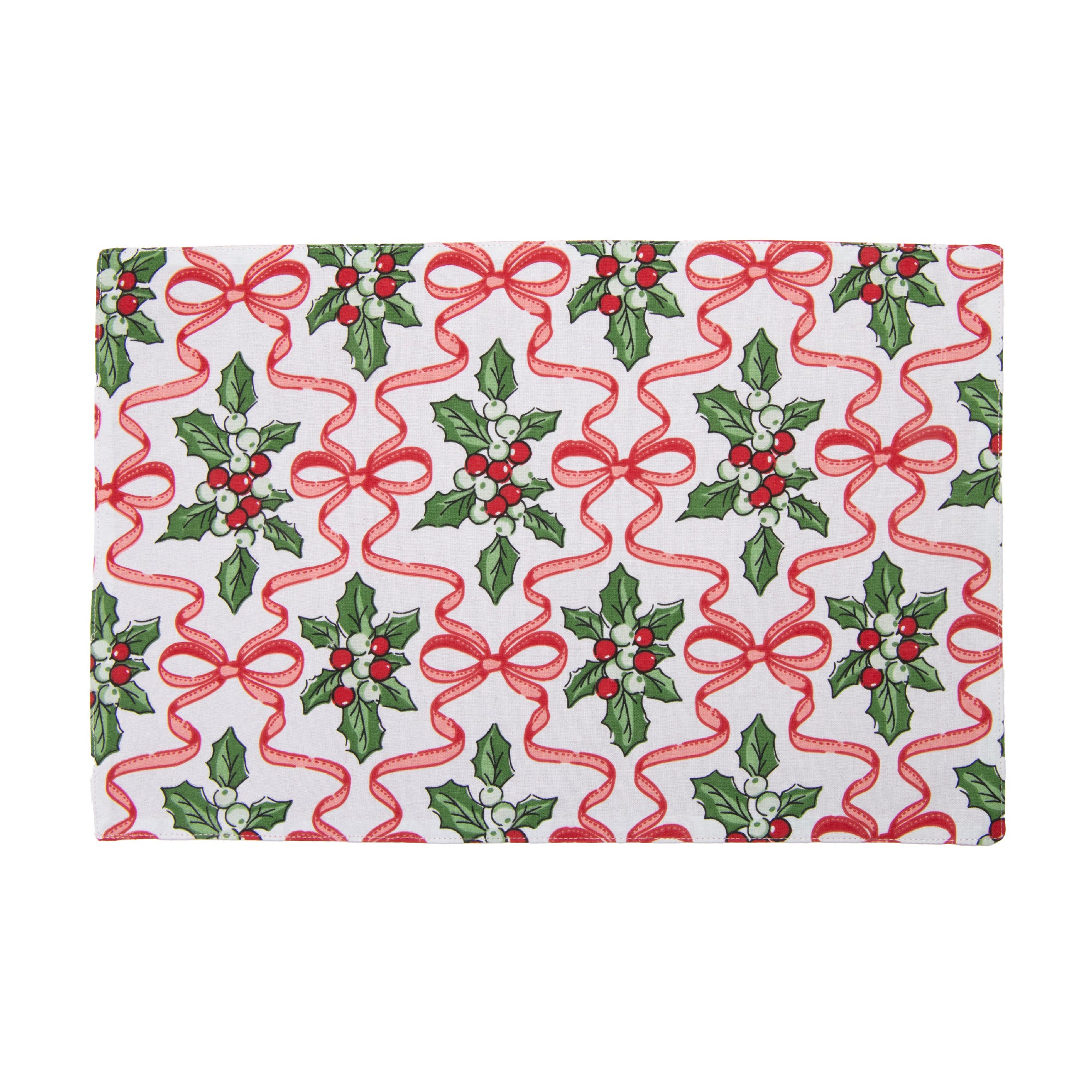 Cotton Placemat Holly & Bows, Christmas, Placemat, Holiday Decor- Set of 12