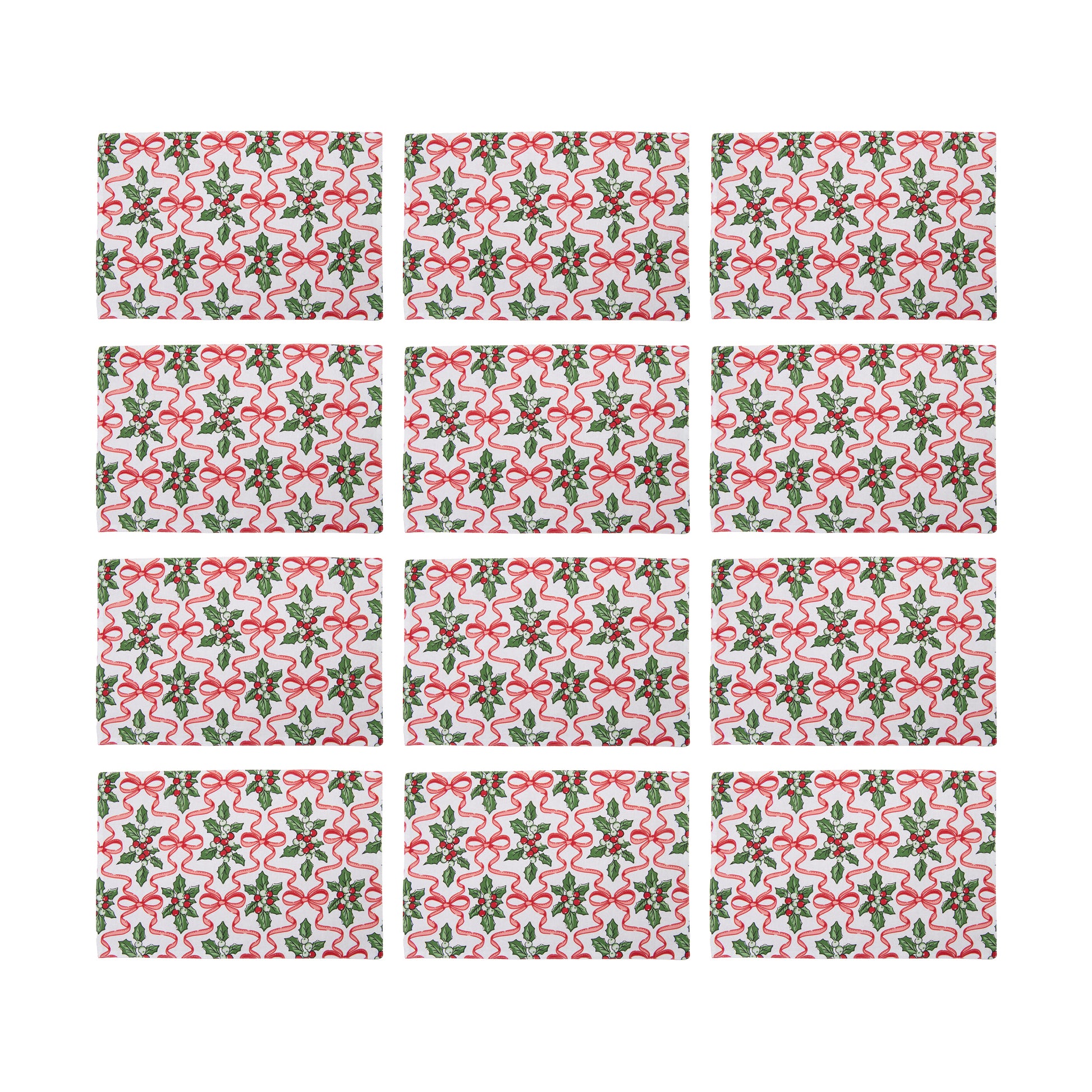Cotton Placemat Holly & Bows, Christmas, Placemat, Holiday Decor- Set of 12