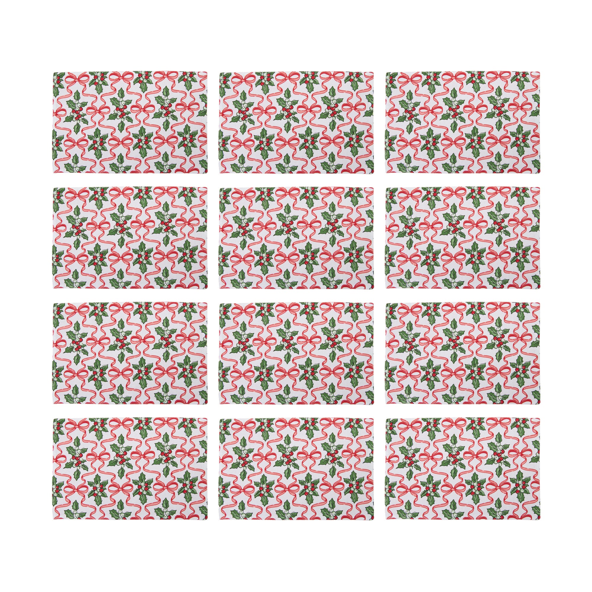 Cotton Placemat Holly & Bows, Christmas, Placemat, Holiday Decor- Set of 12