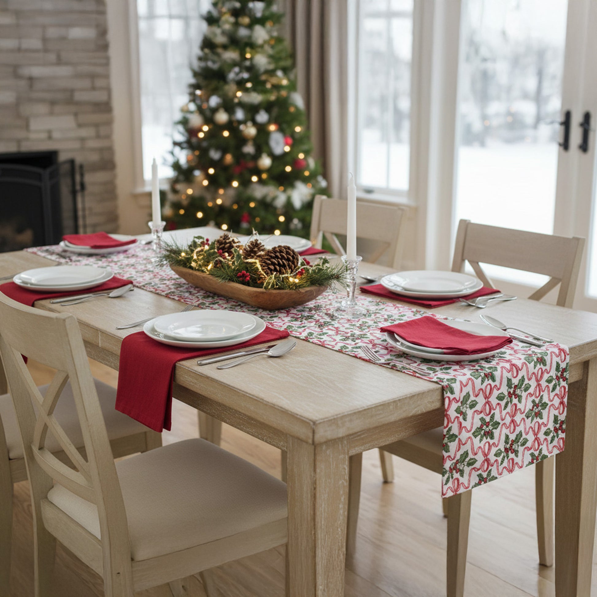 Cotton Table Runner 54" Holly & Bows, Christmas, Table Runner, Holiday Decor