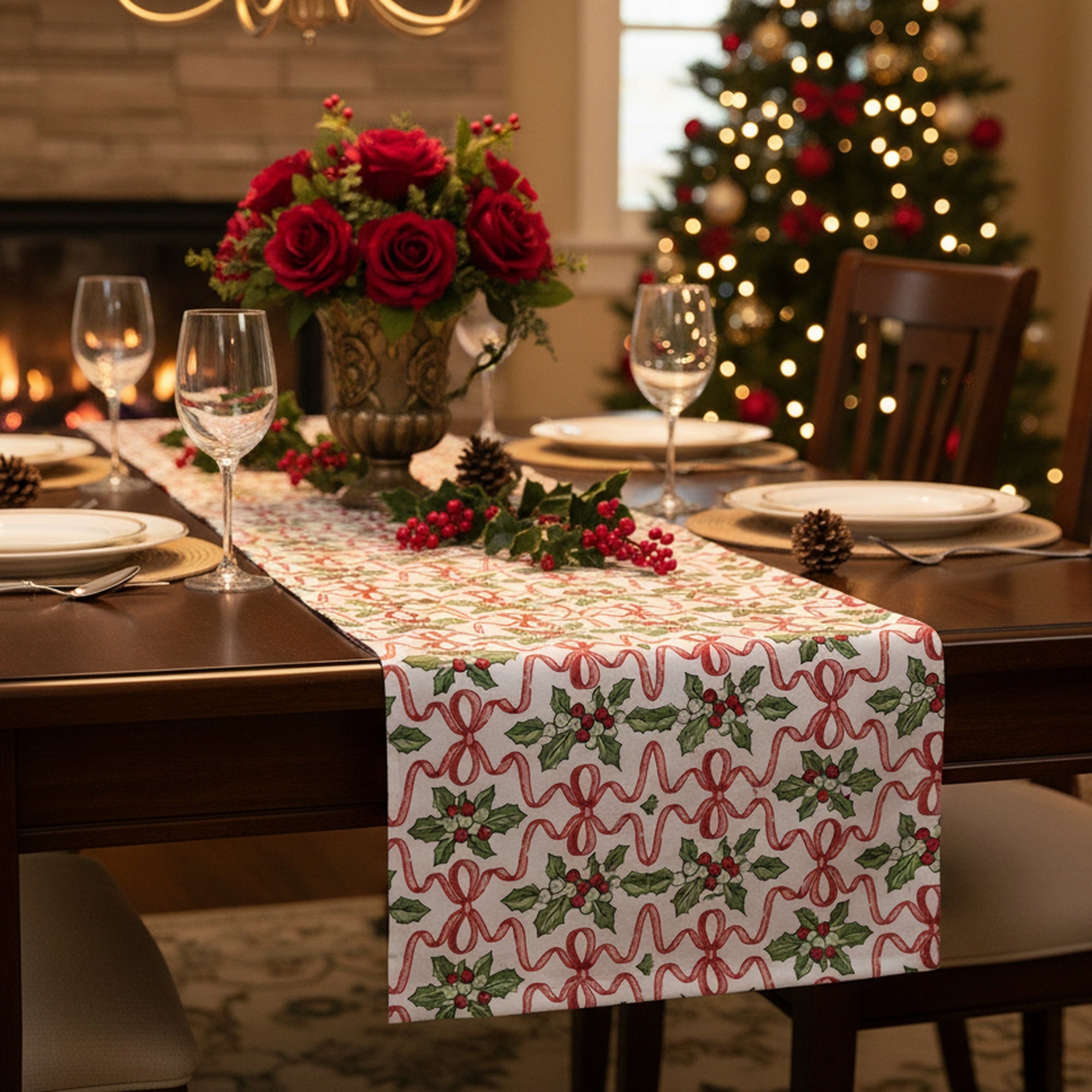 Cotton Table Runner 54" Holly & Bows, Christmas, Table Runner, Holiday Decor