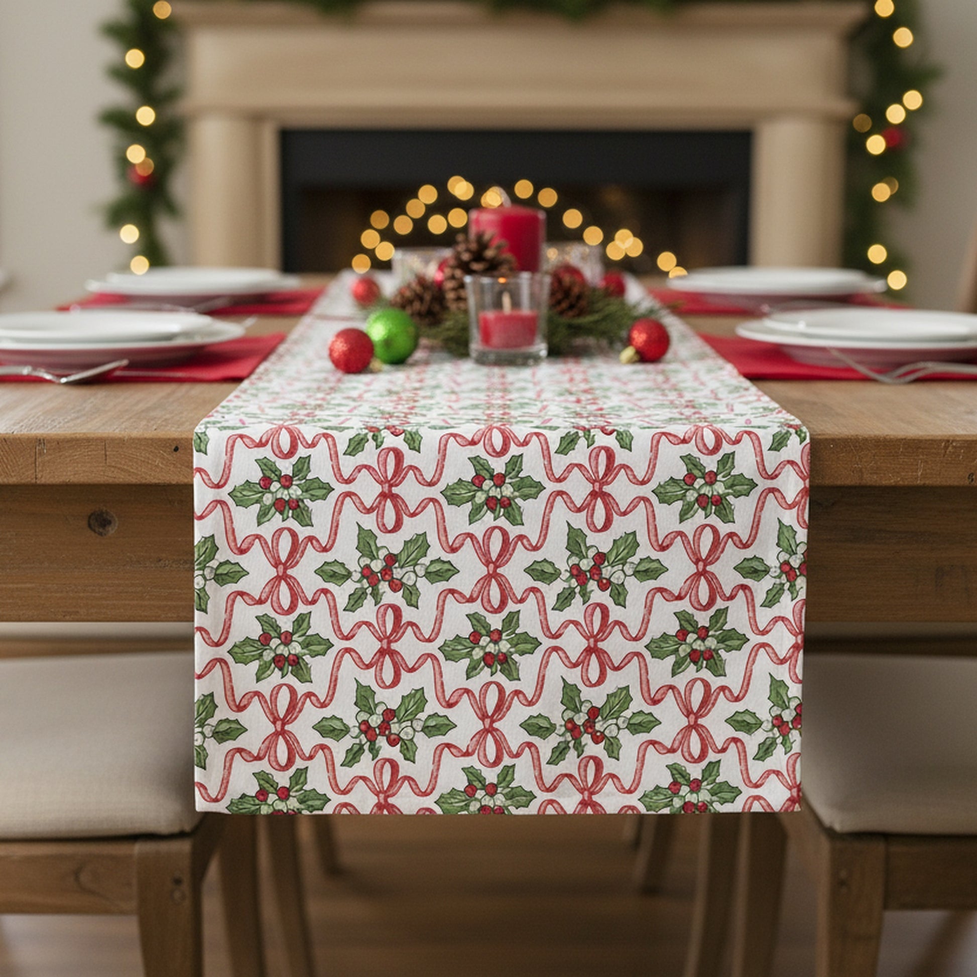 Cotton Table Runner 54" Holly & Bows, Christmas, Table Runner, Holiday Decor