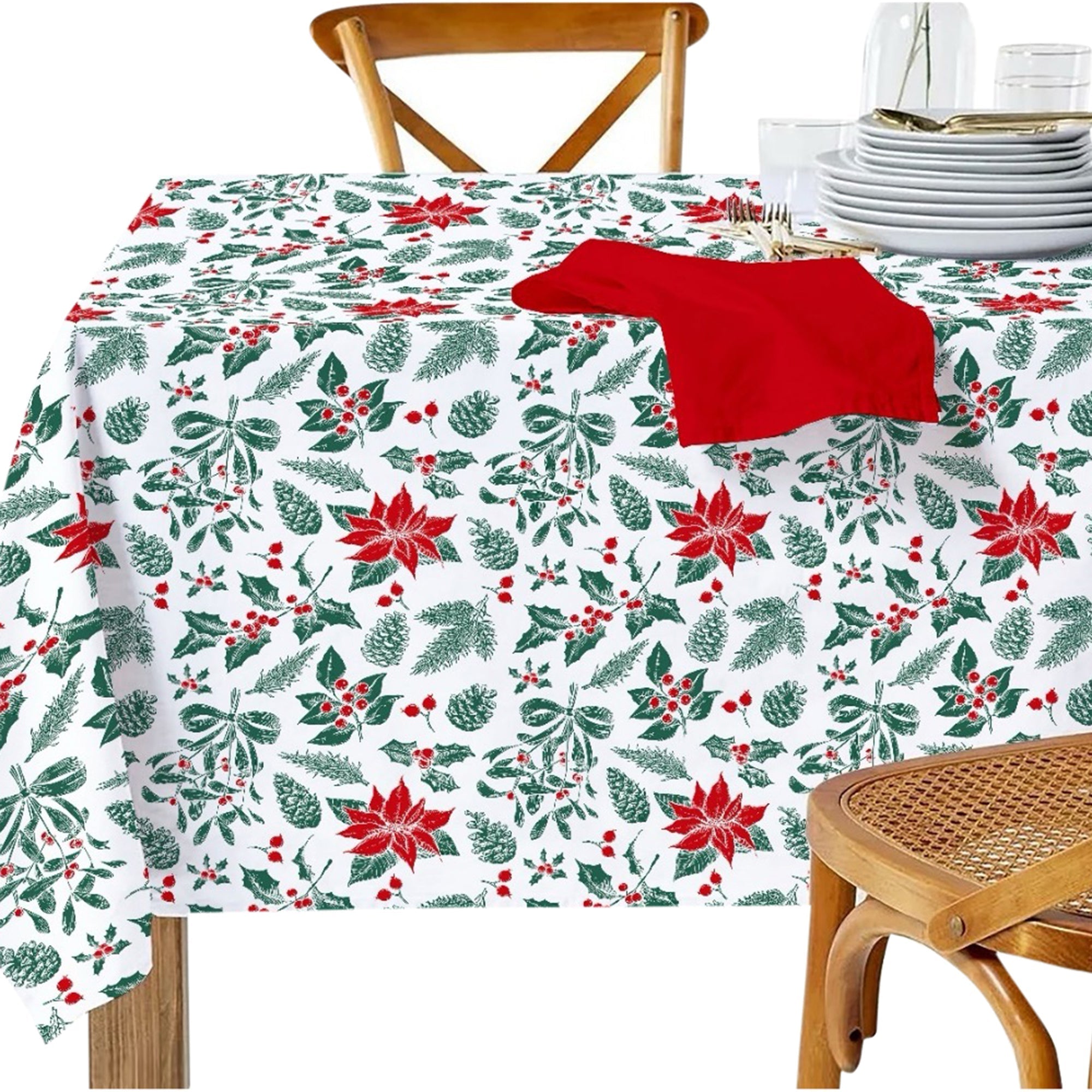 Cotton Tablecloth 52"x72" Mistletoe Poinsettia – Christmas Dining Decor, Holiday Table Cover, Winter Seasonal Accent
