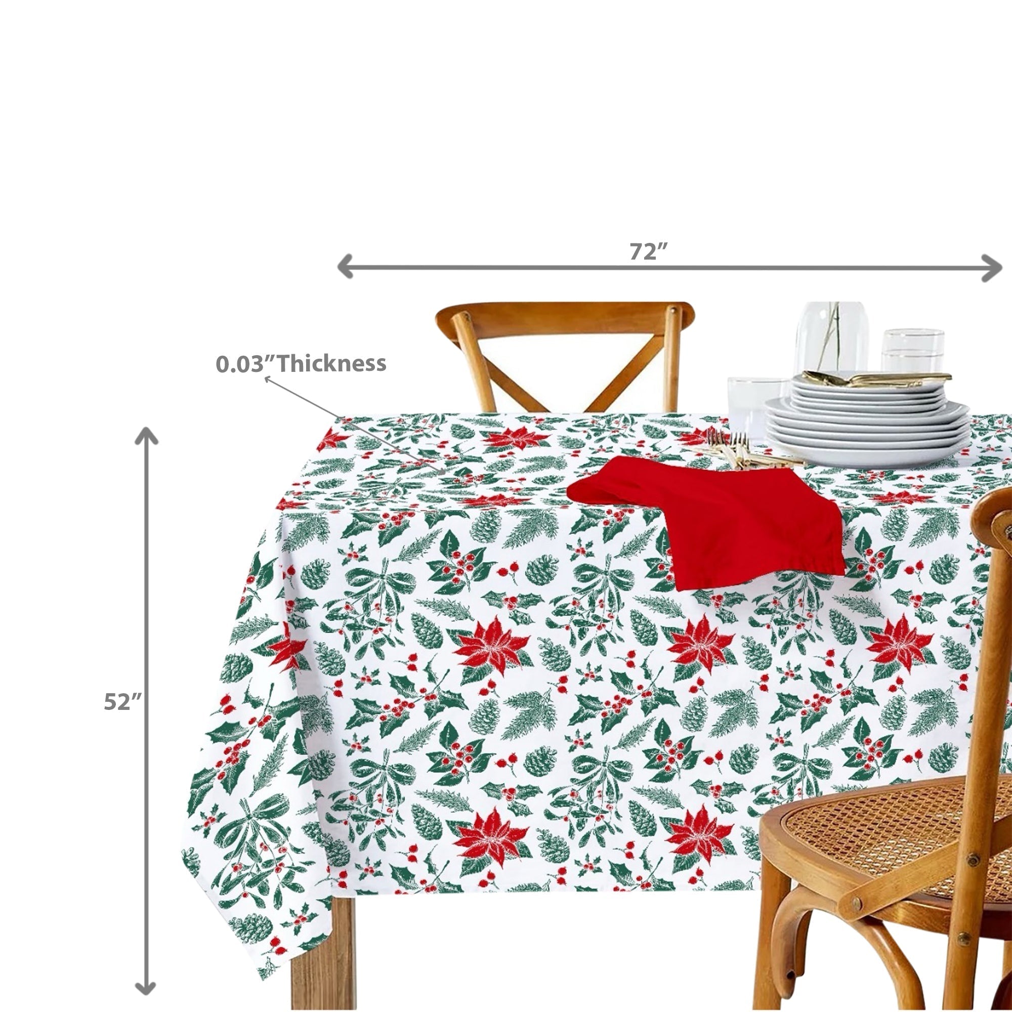 Cotton Tablecloth 52"x72" Mistletoe Poinsettia – Christmas Dining Decor, Holiday Table Cover, Winter Seasonal Accent