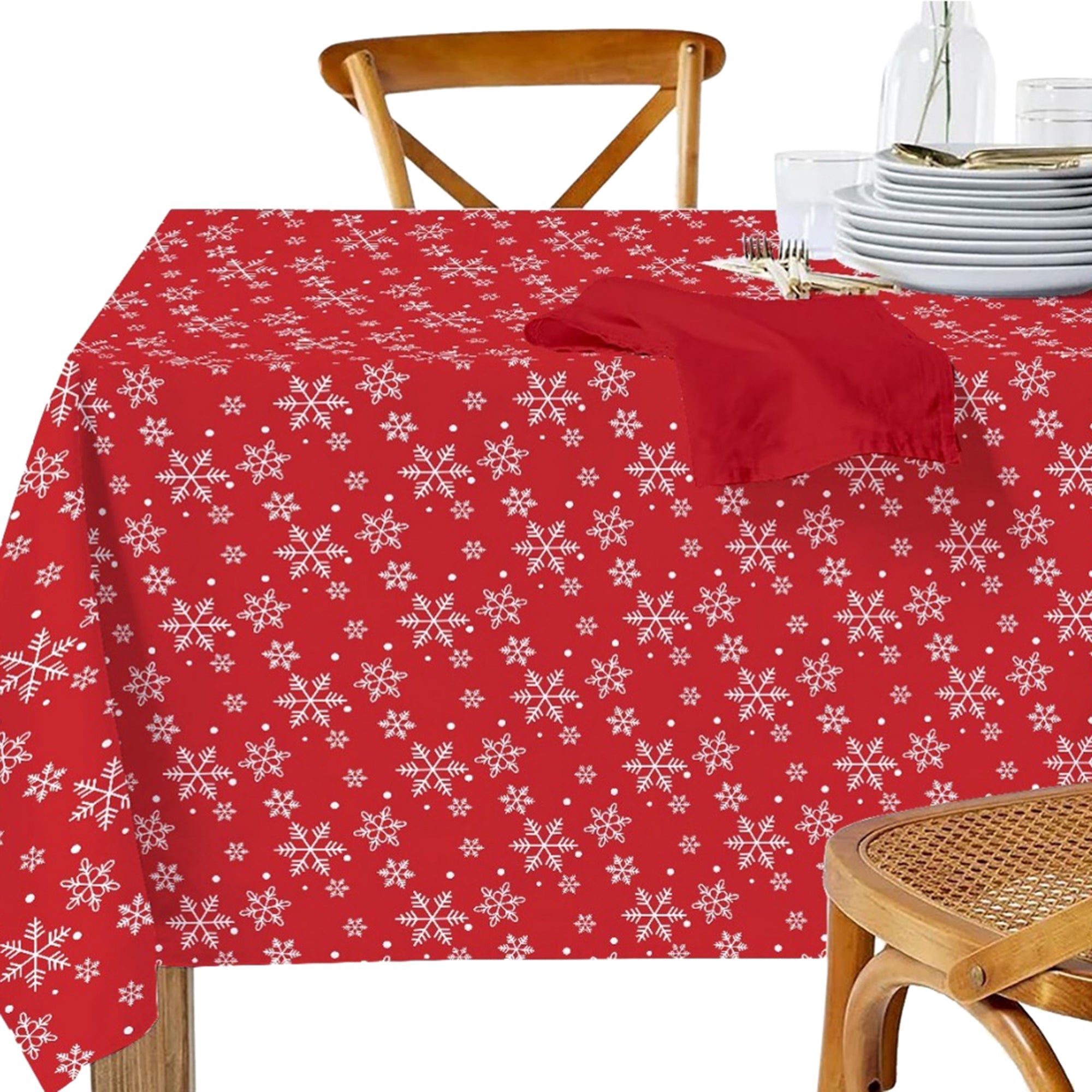 Cotton Tablecloth 52"x72" Snowflakes – Christmas Dining Decor, Holiday Table Cover, Winter Seasonal Accent