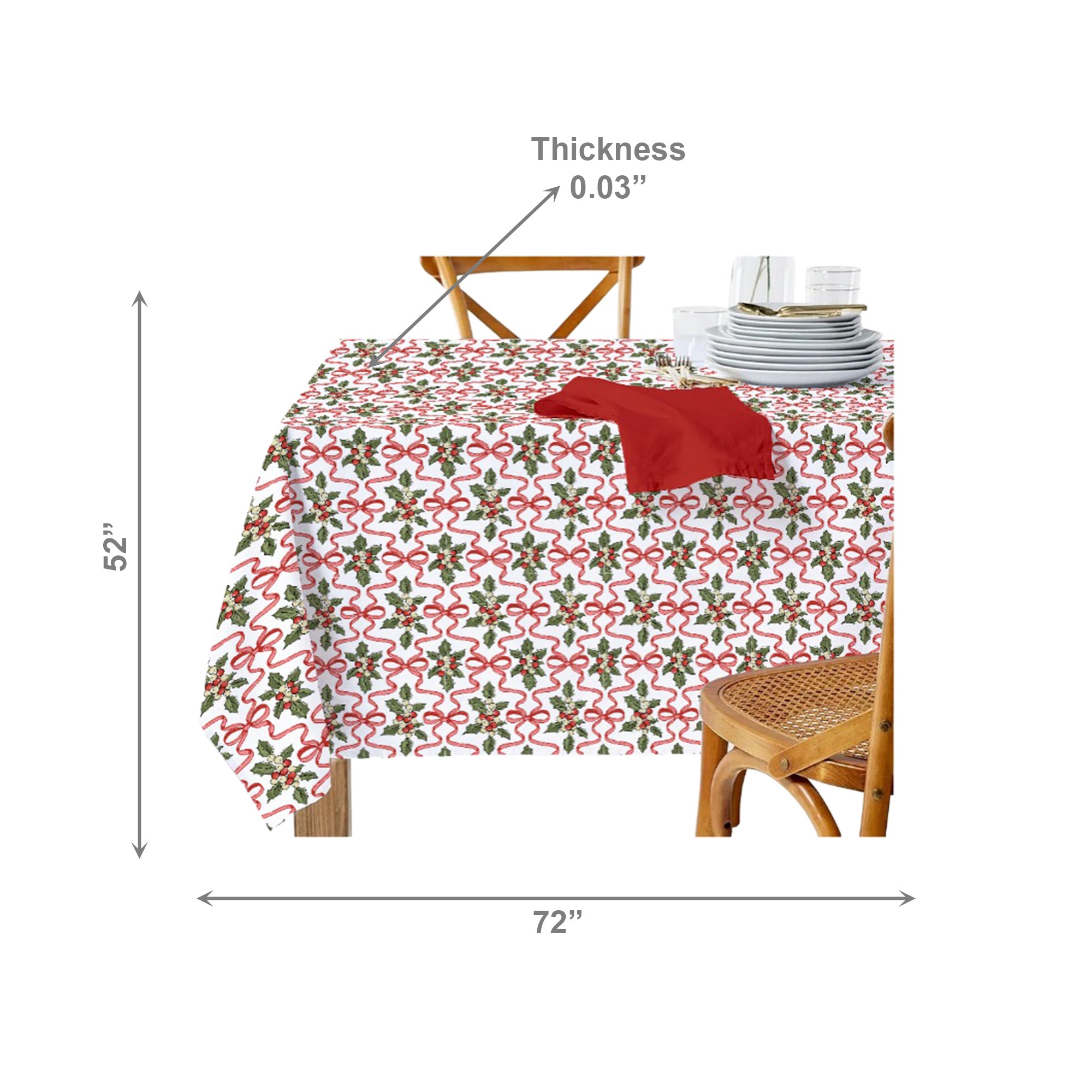 Cotton Table Cloth 52" X 72" Holly & Bows, Christmas, Holiday Decor