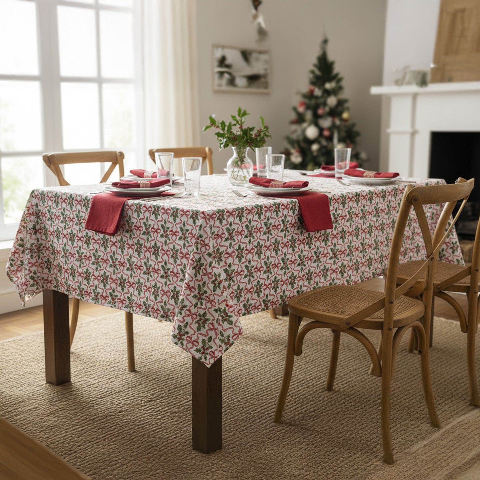 Cotton Table Cloth 52" X 72" Holly & Bows, Christmas, Holiday Decor