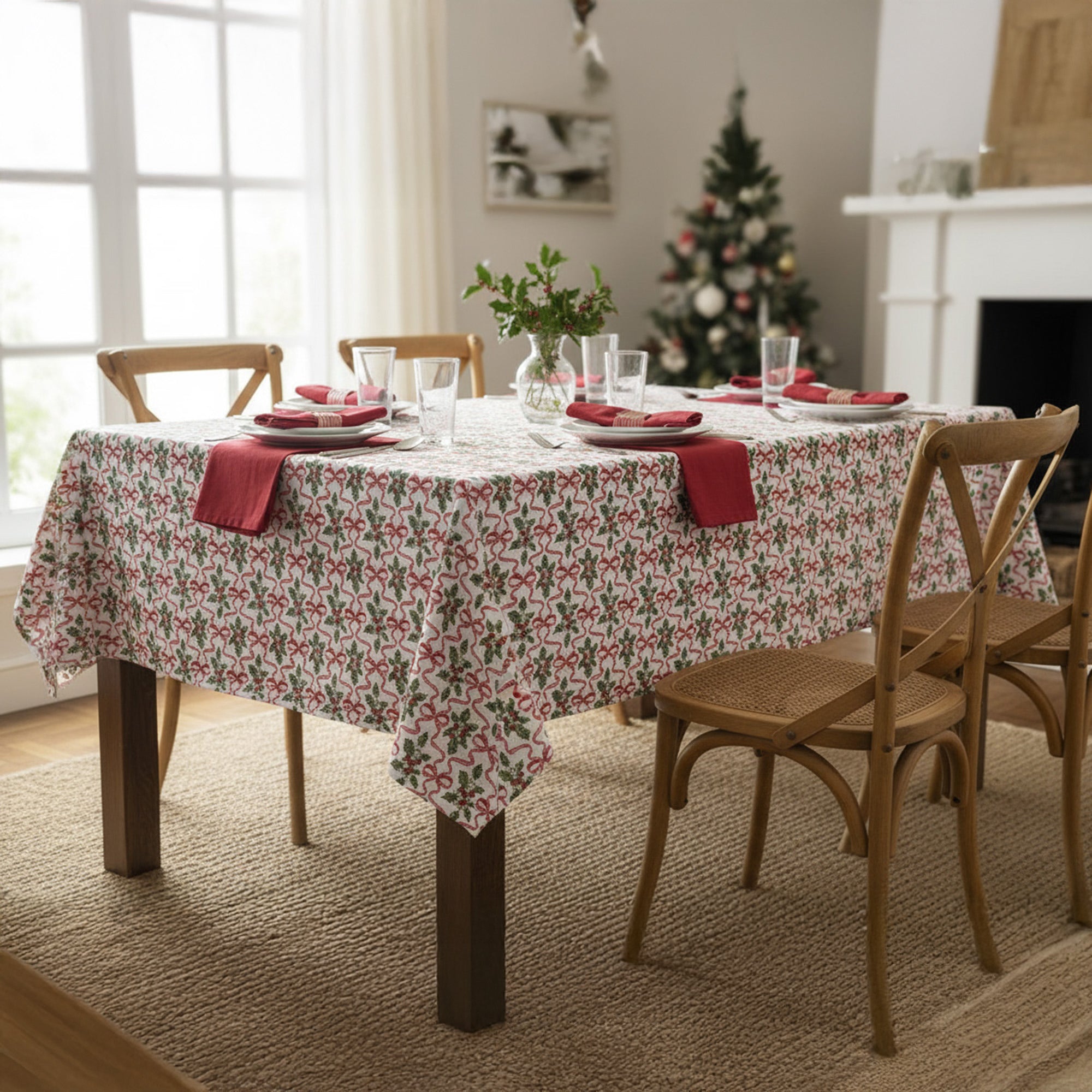Cotton Table Cloth 52" X 72" Holly & Bows, Christmas, Holiday Decor