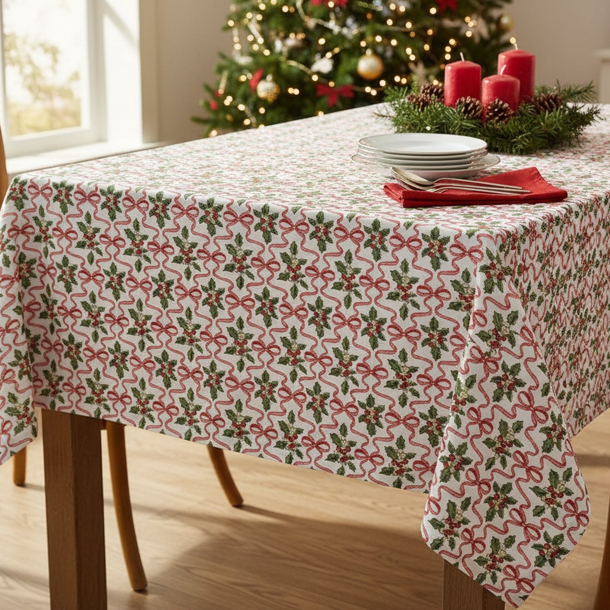 Cotton Table Cloth 52" X 72" Holly & Bows, Christmas, Holiday Decor