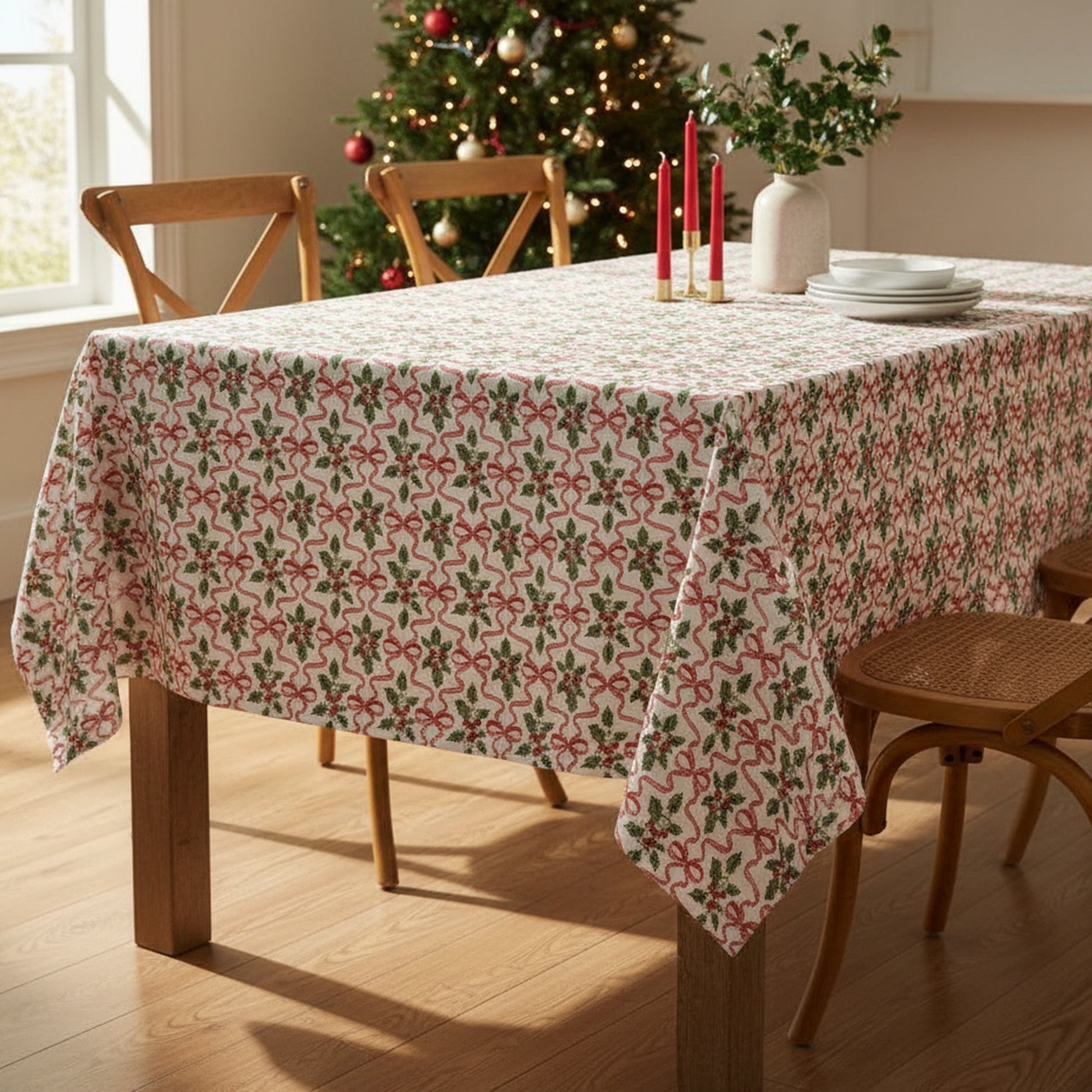 Cotton Table Cloth 52" X 72" Holly & Bows, Christmas, Holiday Decor
