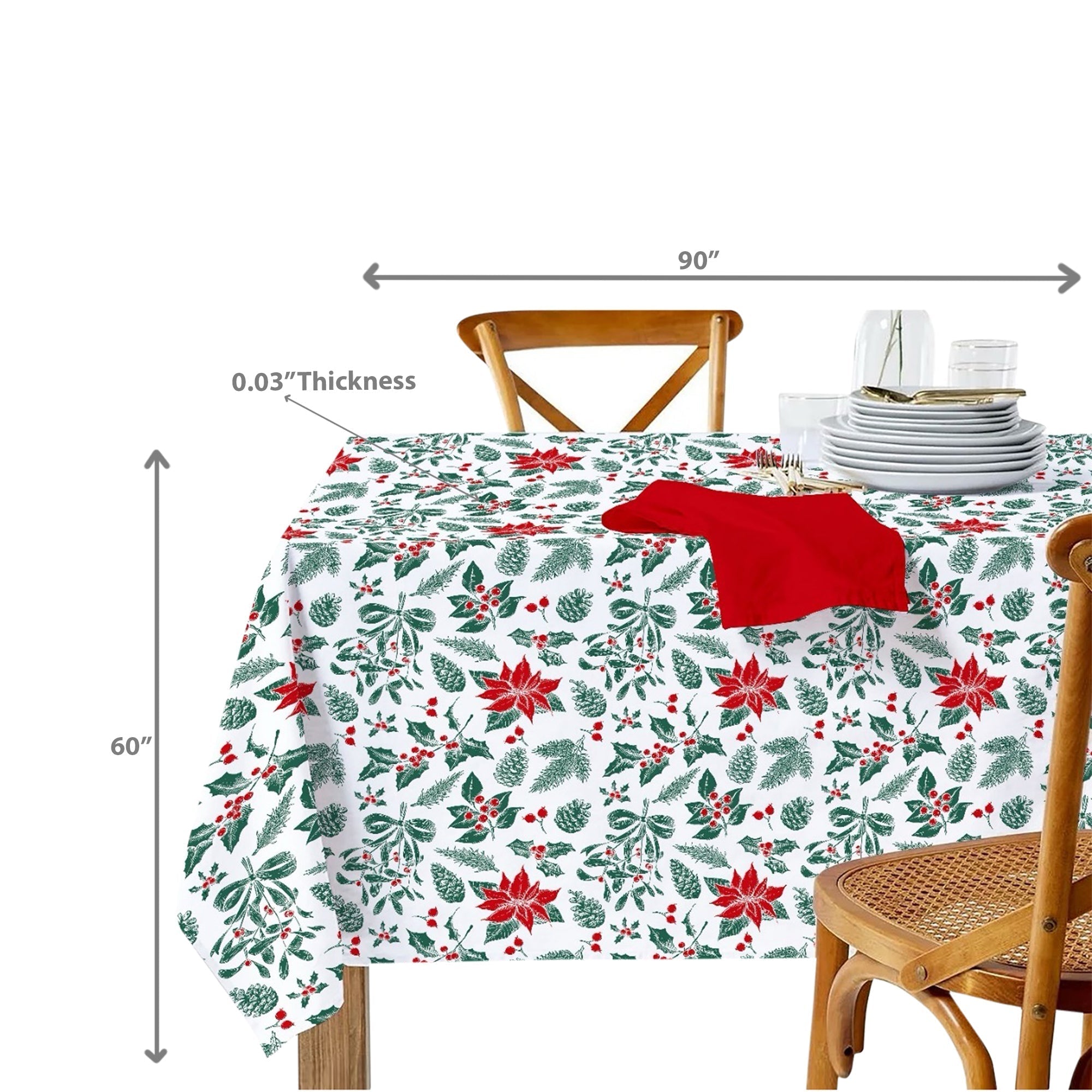 Cotton Tablecloth 60"x90" Mistletoe Poinsettia – Christmas Dining Decor, Holiday Table Cover, Winter Seasonal Accent