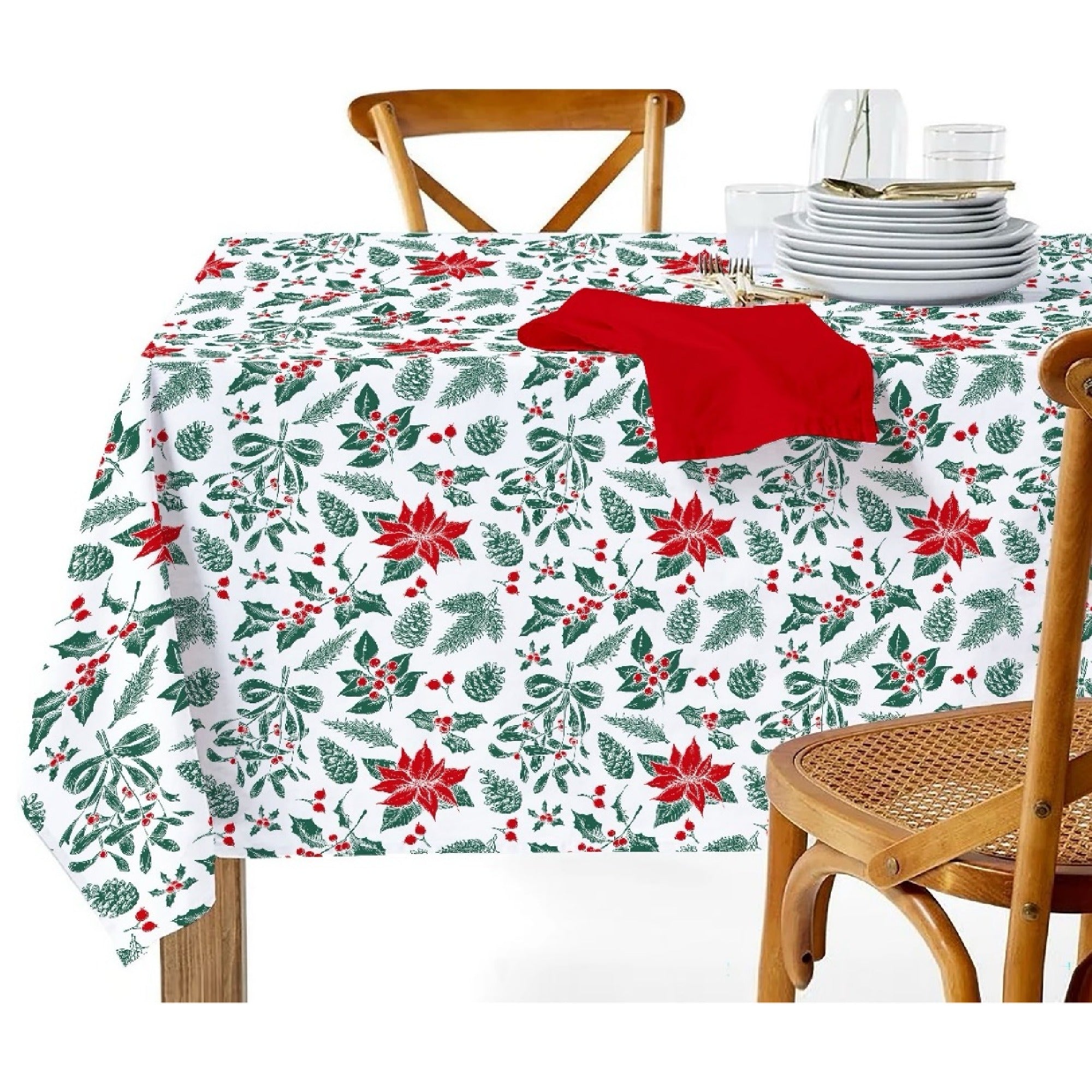 Cotton Tablecloth 60"x90" Mistletoe Poinsettia – Christmas Dining Decor, Holiday Table Cover, Winter Seasonal Accent