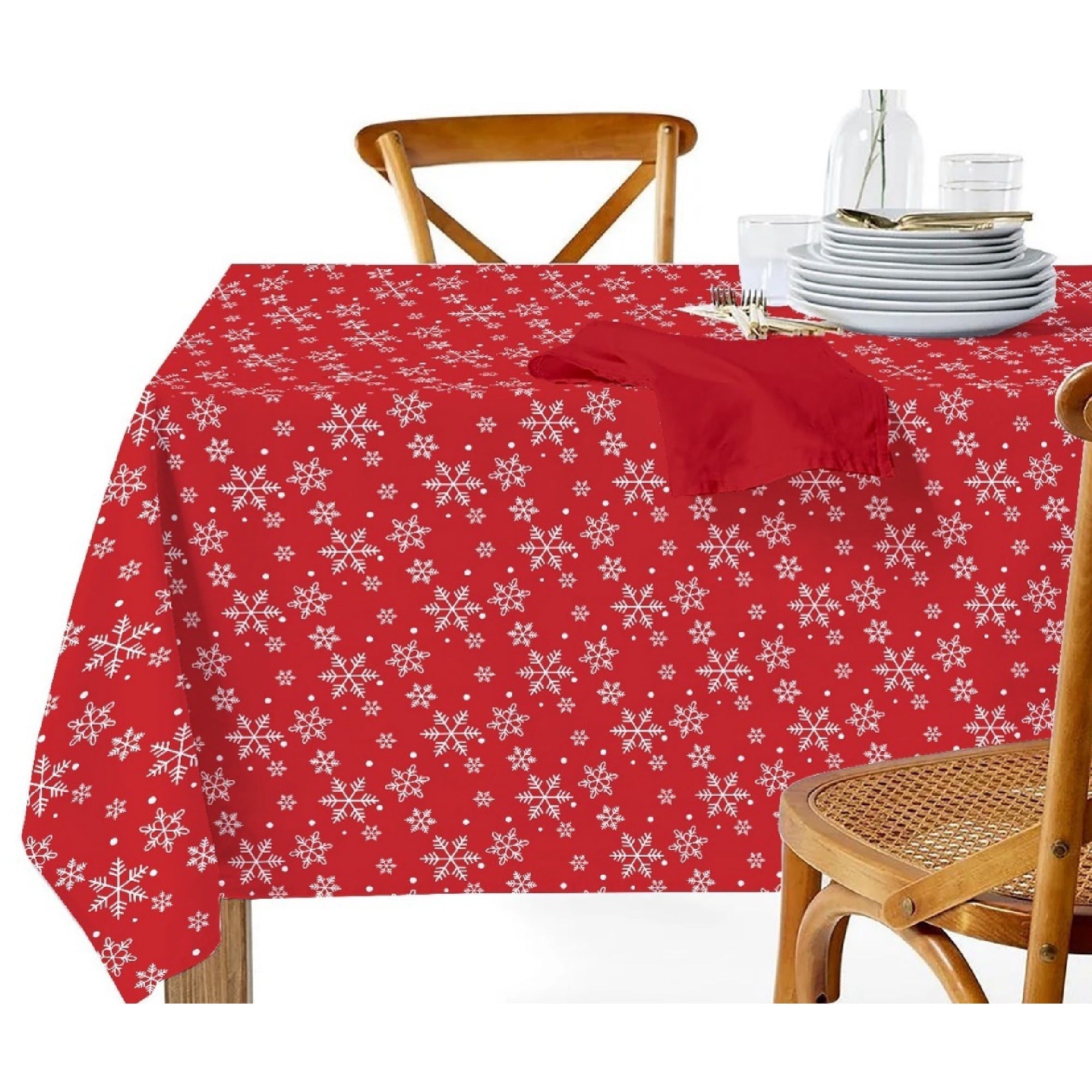 Cotton Tablecloth 60"x90" Snowflakes – Christmas Dining Decor, Holiday Table Cover, Winter Seasonal Accent
