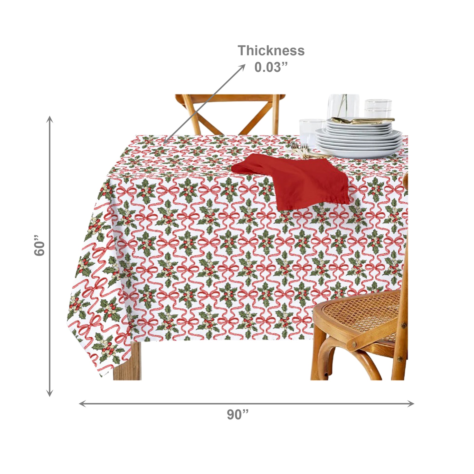 Cotton Table Cloth 60" X 90" Holly & Bows, Christmas, Holiday Decor