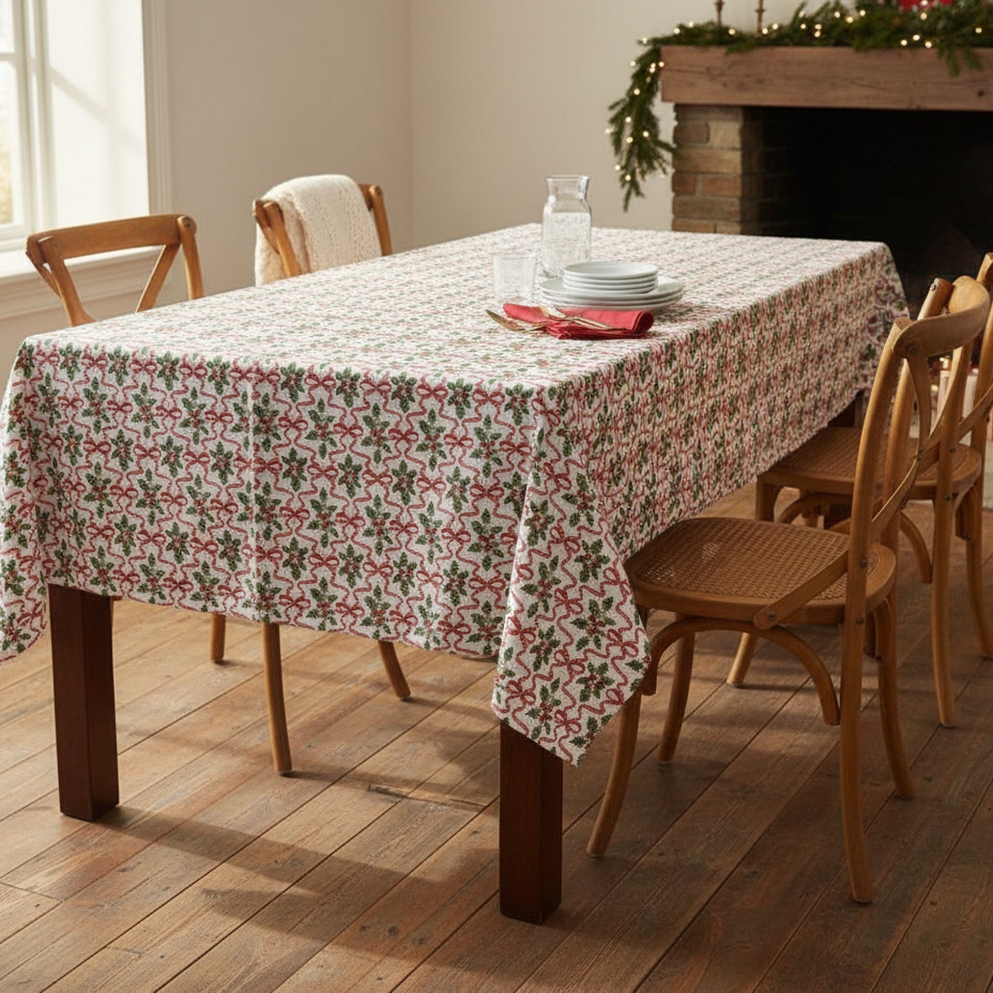 Cotton Table Cloth 60" X 90" Holly & Bows, Christmas, Holiday Decor