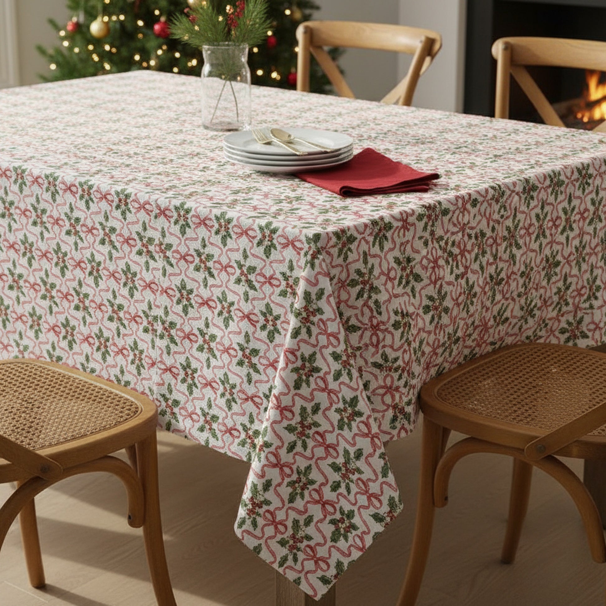 Cotton Table Cloth 60" X 90" Holly & Bows, Christmas, Holiday Decor