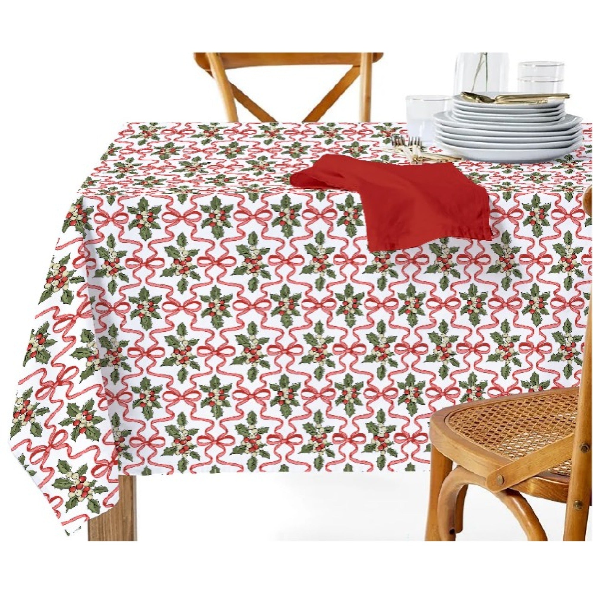 Cotton Table Cloth 60" X 90" Holly & Bows, Christmas, Holiday Decor