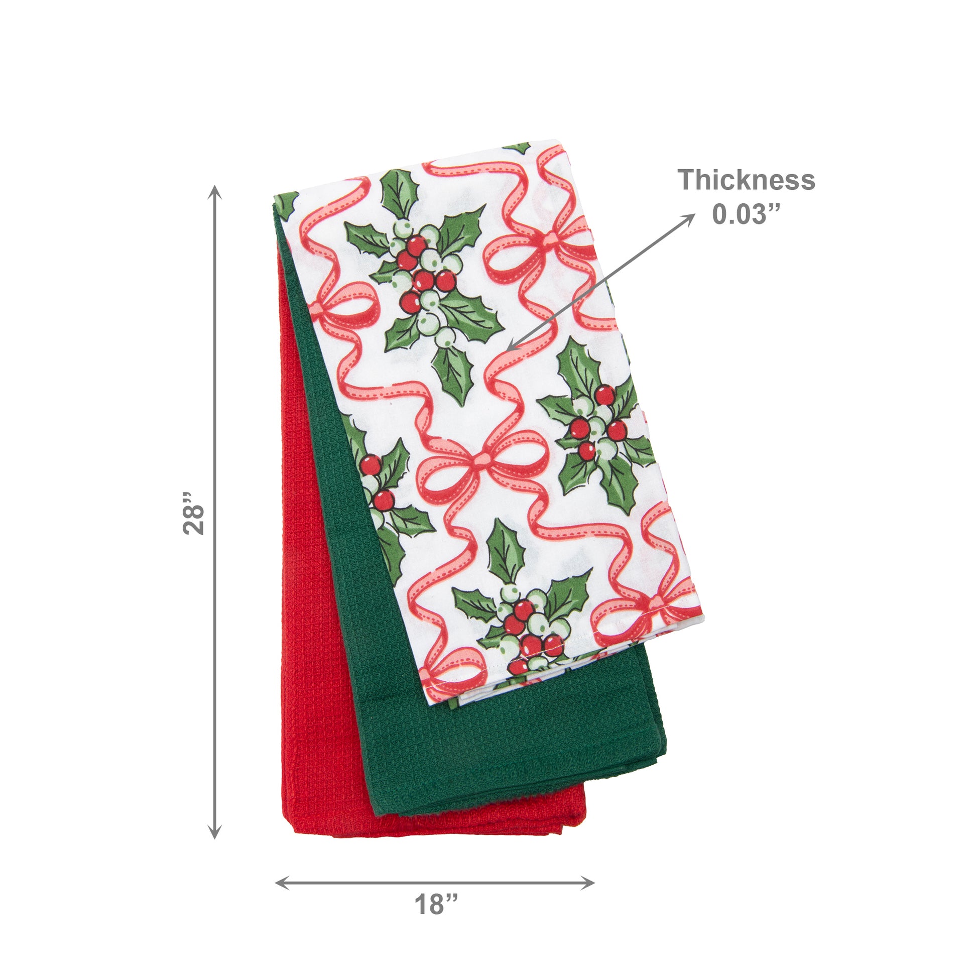 Kitchen Towel Set of 3 Piece Holly & Bows, Christmas, Kitchen Towel, Holiday Decor- Set of 2