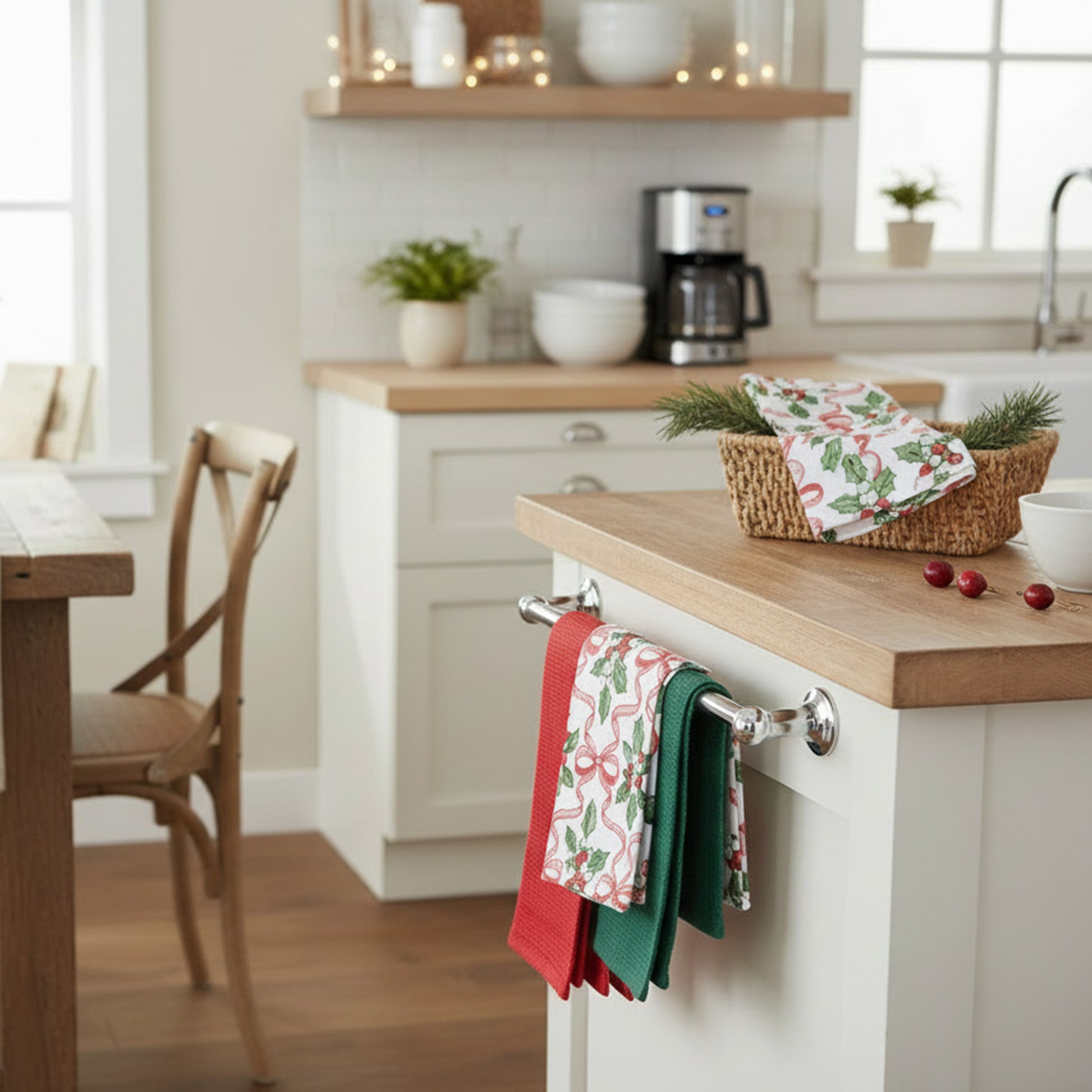 Kitchen Towel Set of 3 Piece Holly & Bows, Christmas, Kitchen Towel, Holiday Decor- Set of 2