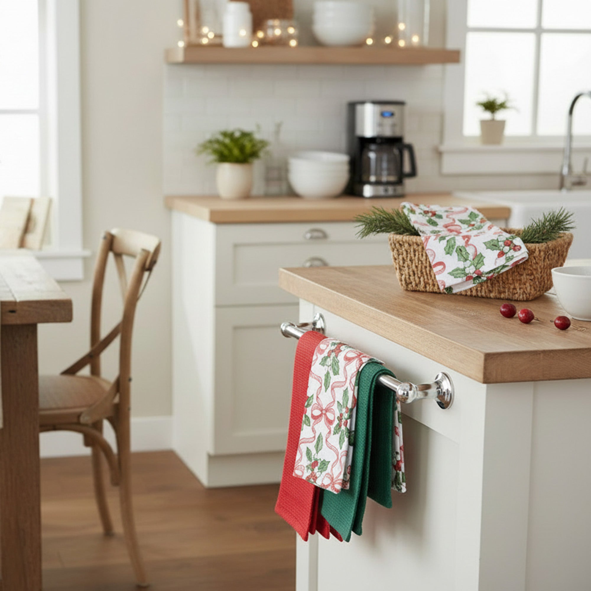 Kitchen Towel Set of 3 Piece Holly & Bows, Christmas, Kitchen Towel, Holiday Decor- Set of 2