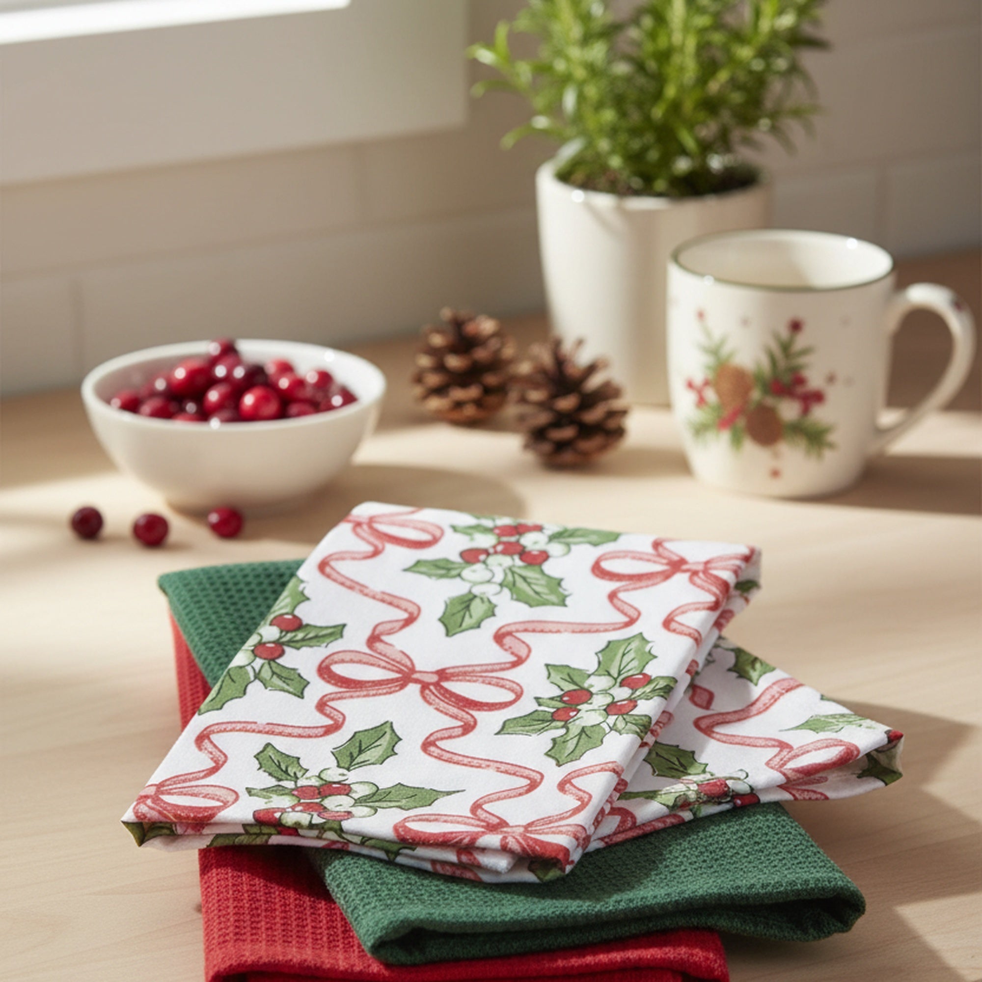 Kitchen Towel Set of 3 Piece Holly & Bows, Christmas, Kitchen Towel, Holiday Decor- Set of 2