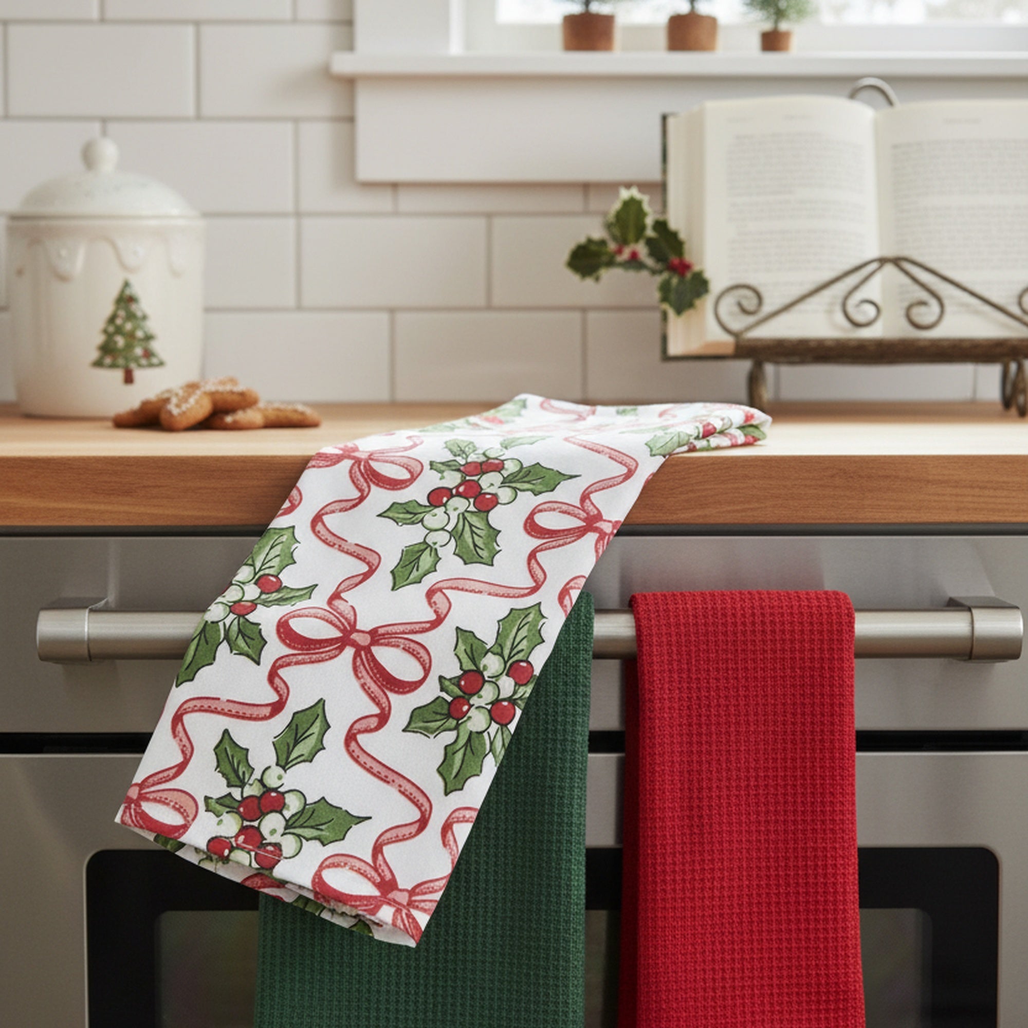 Kitchen Towel Set of 3 Piece Holly & Bows, Christmas, Kitchen Towel, Holiday Decor- Set of 2