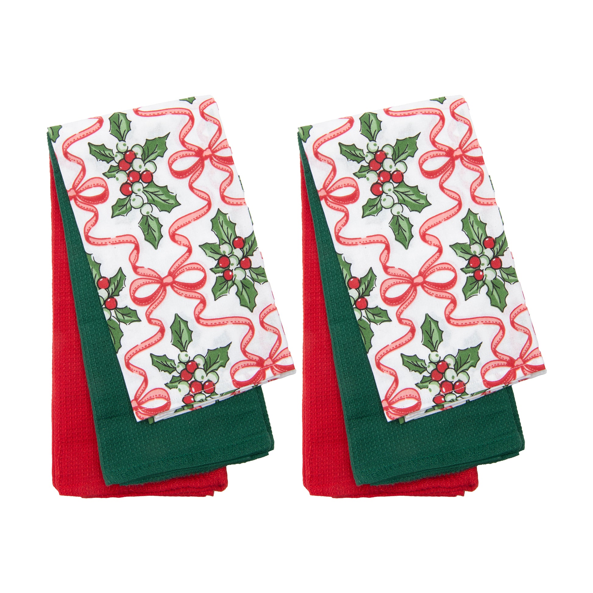 Kitchen Towel Set of 3 Piece Holly & Bows, Christmas, Kitchen Towel, Holiday Decor- Set of 2