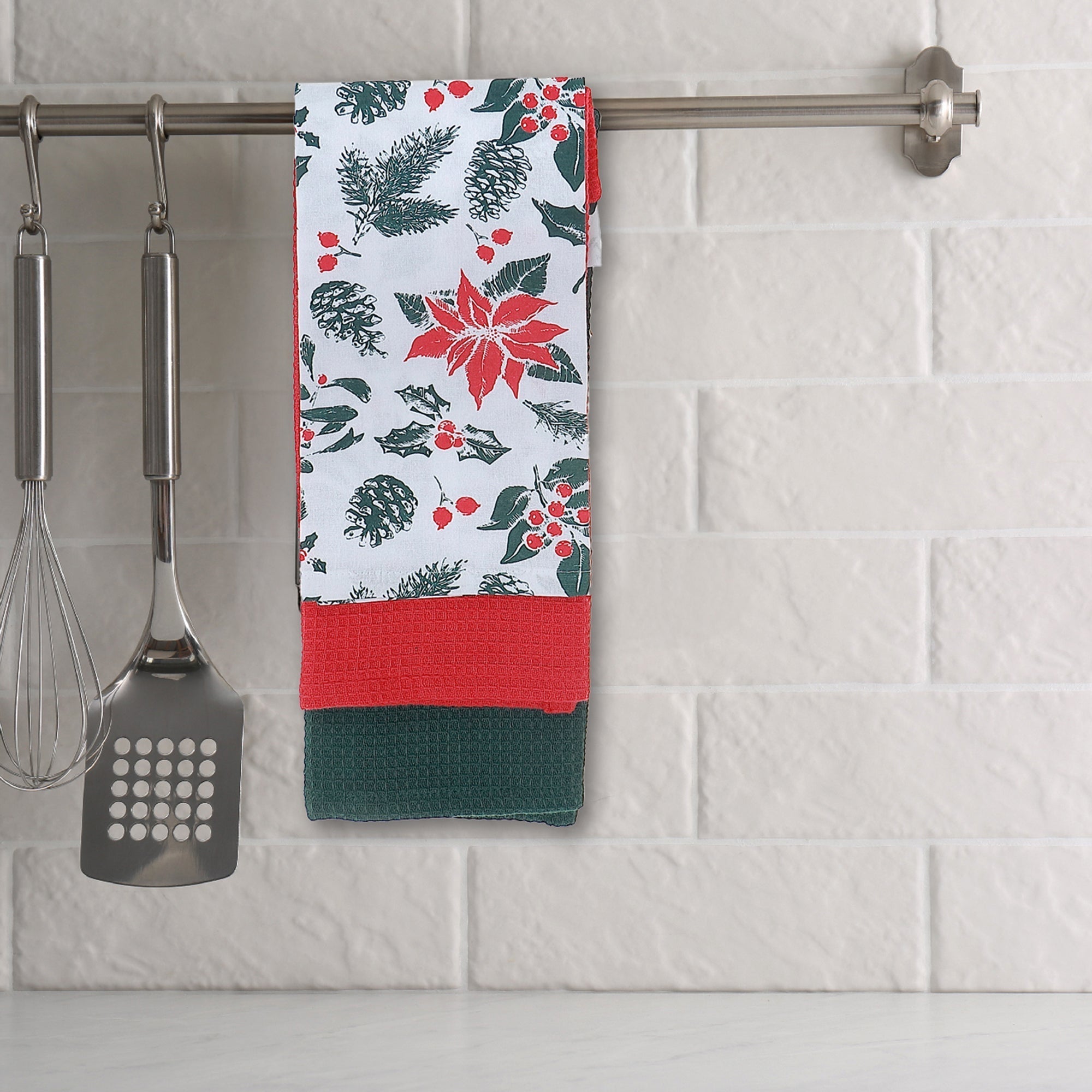 Dish Cloth Set of 2 (3 Pcs Each) Mistletoe Poinsettia – Christmas Kitchen Linens, Holiday Cooking Accessory, Festive Dish Cloths