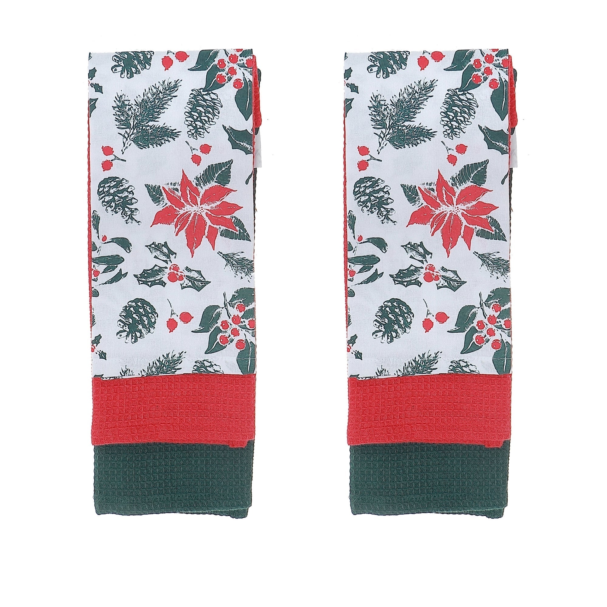 Dish Cloth Set of 2 (3 Pcs Each) Mistletoe Poinsettia – Christmas Kitchen Linens, Holiday Cooking Accessory, Festive Dish Cloths