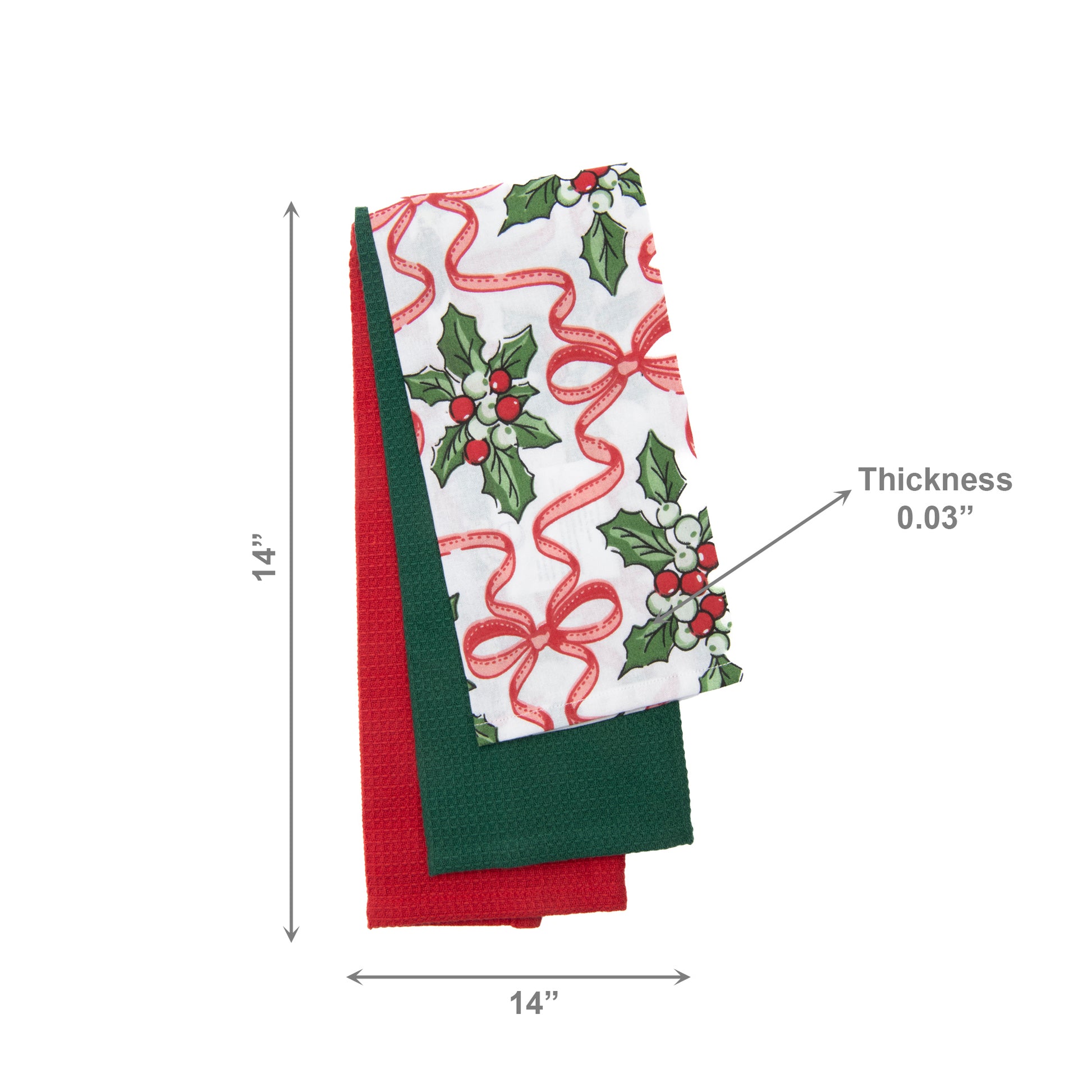 Dish Cloth Set of 3 Piece Holly & Bows, Christmas, Kitchen Towel, Holiday Decor- Set of 2