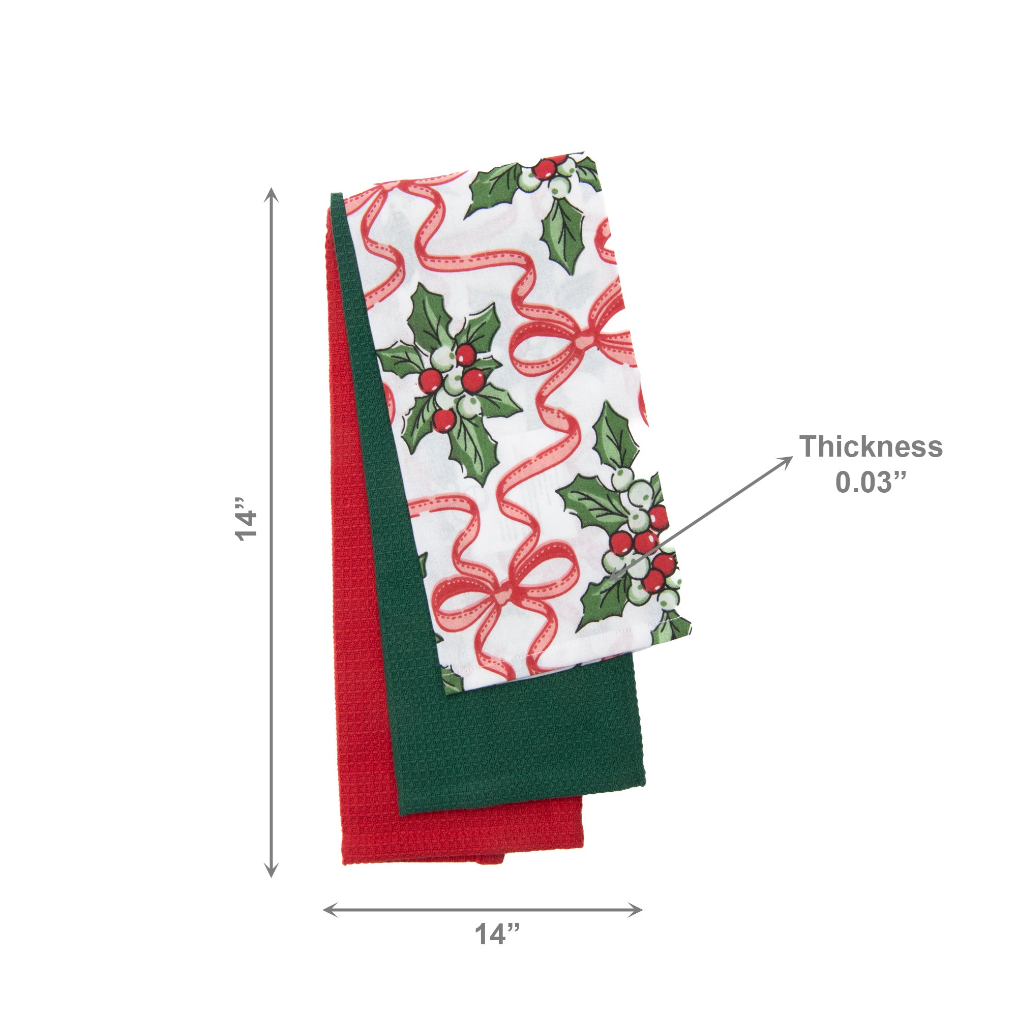 Dish Cloth Set of 3 Piece Holly & Bows, Christmas, Kitchen Towel, Holiday Decor- Set of 2