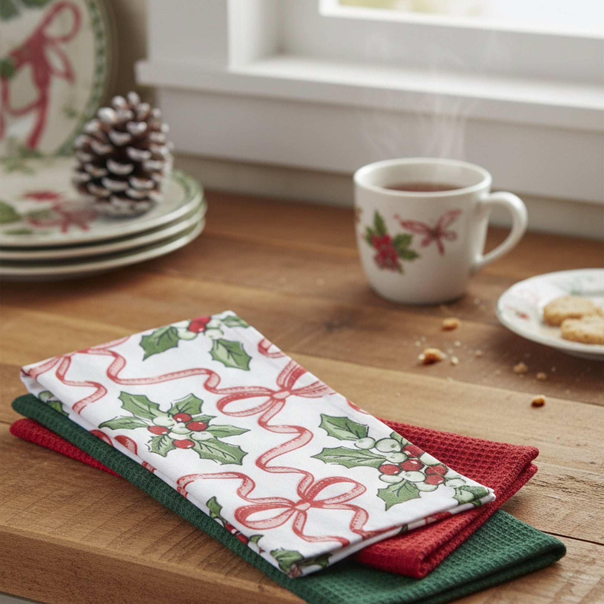 Dish Cloth Set of 3 Piece Holly & Bows, Christmas, Kitchen Towel, Holiday Decor- Set of 2