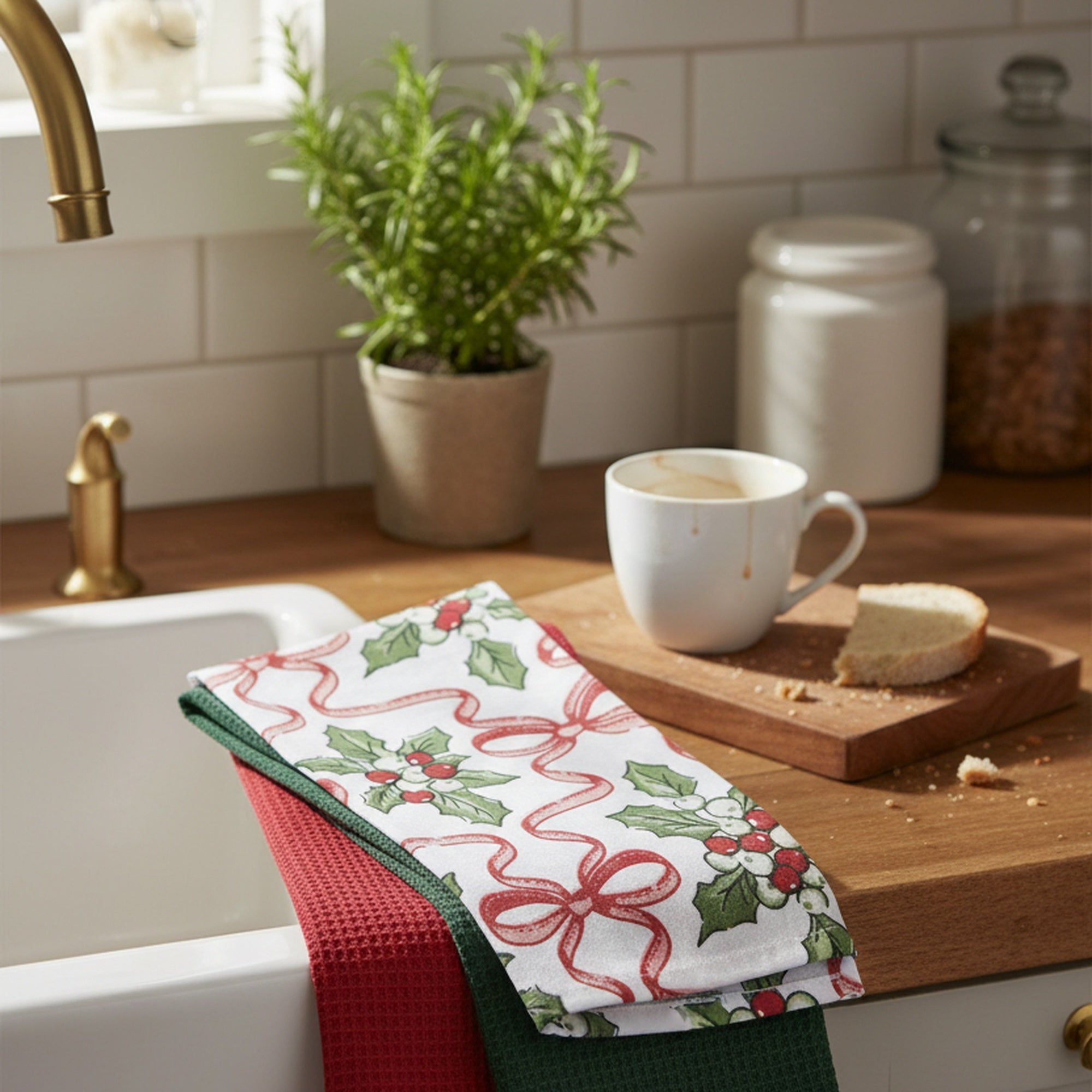Dish Cloth Set of 3 Piece Holly & Bows, Christmas, Kitchen Towel, Holiday Decor- Set of 2