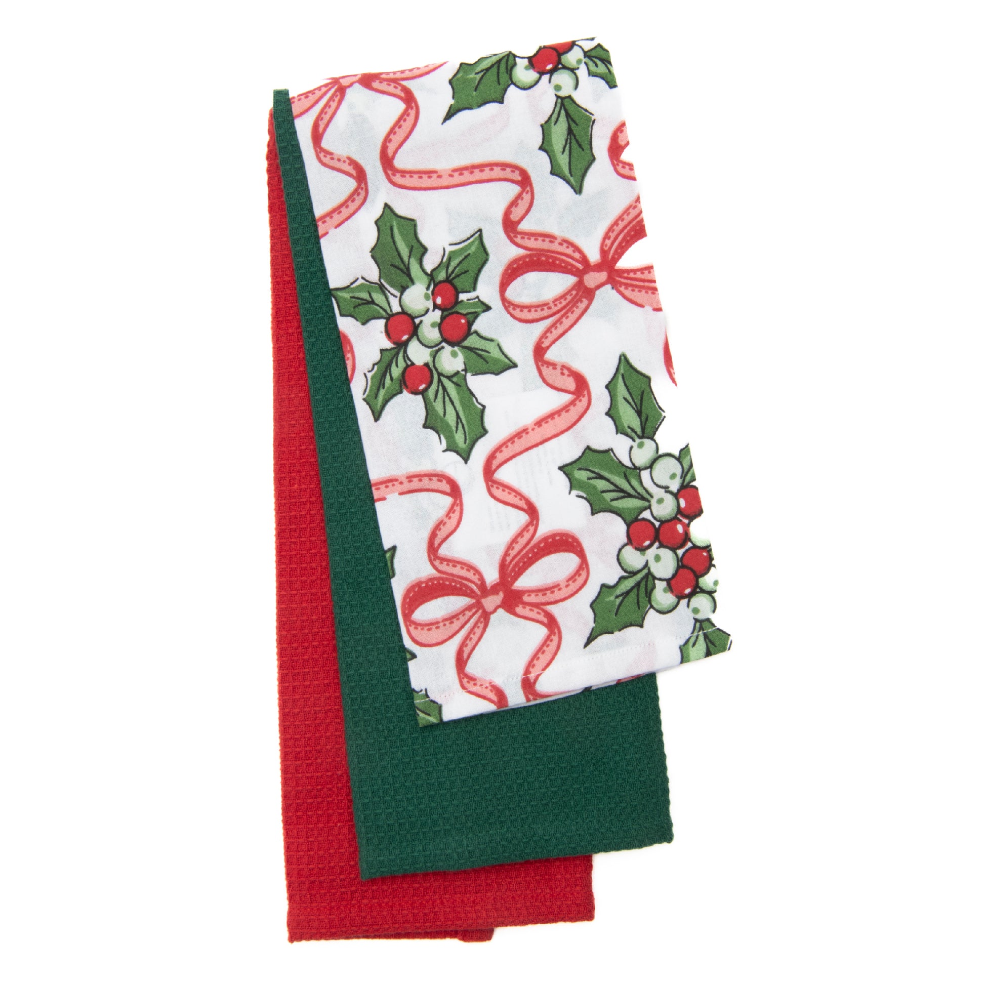 Dish Cloth Set of 3 Piece Holly & Bows, Christmas, Kitchen Towel, Holiday Decor- Set of 2