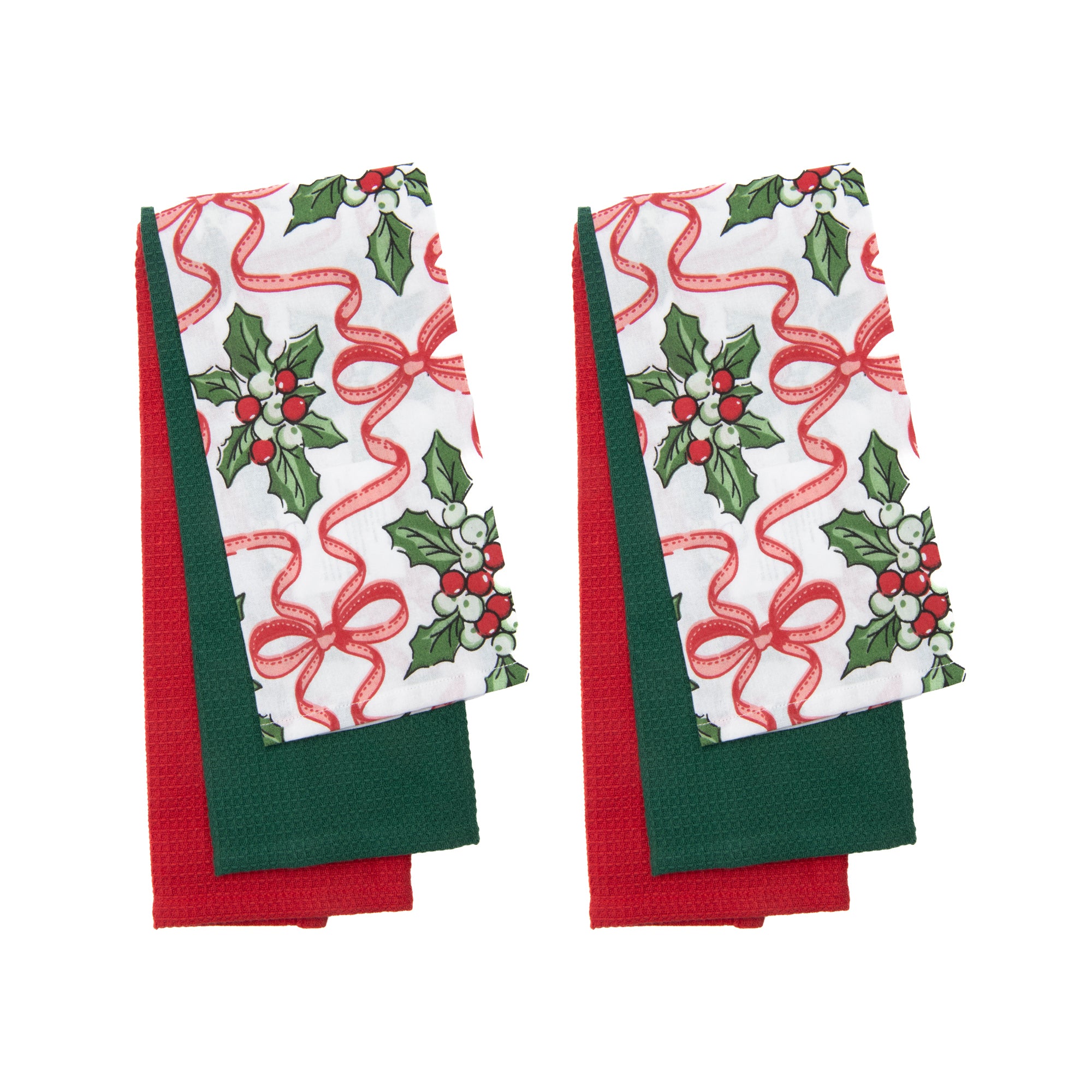 Dish Cloth Set of 3 Piece Holly & Bows, Christmas, Kitchen Towel, Holiday Decor- Set of 2