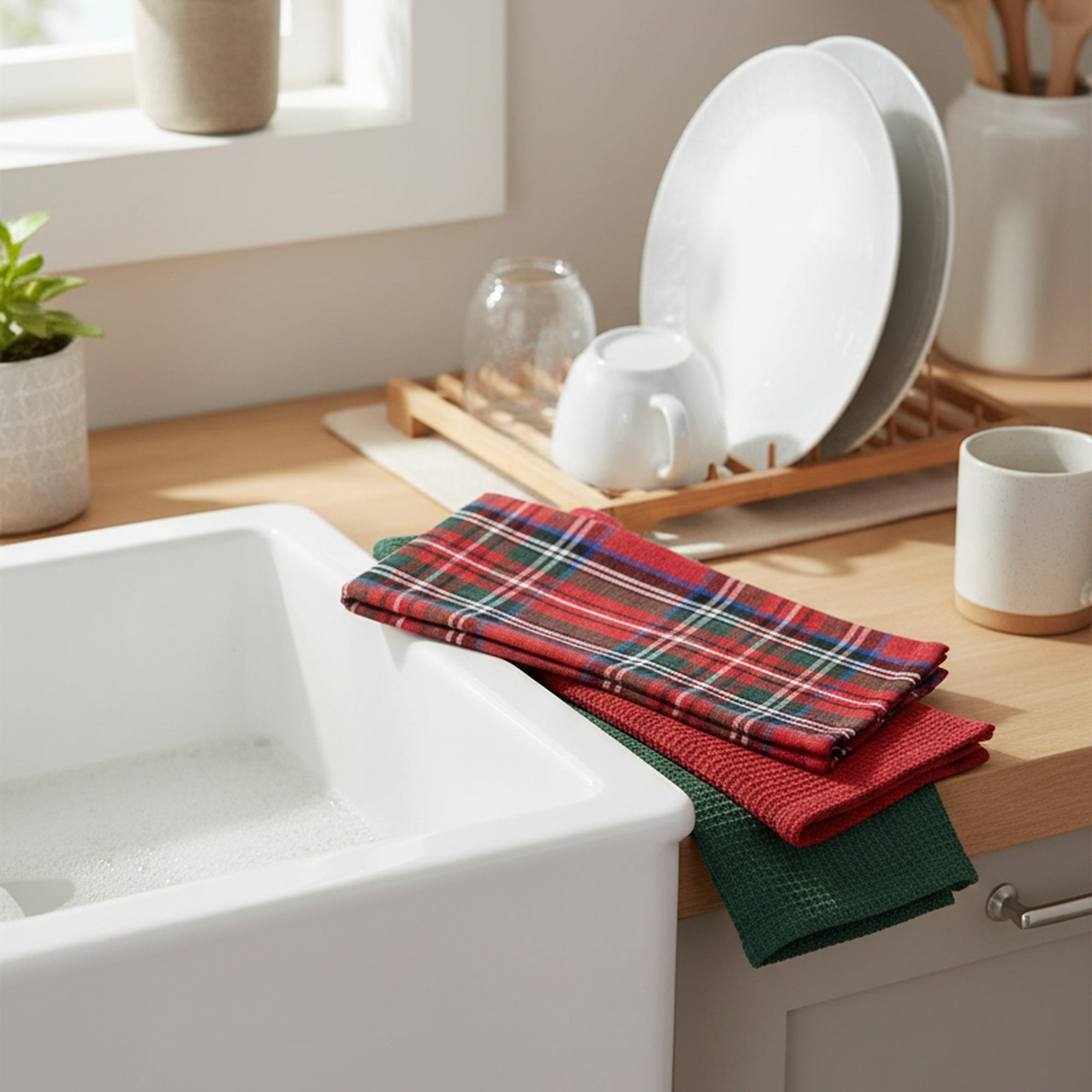 Dish Cloth Set of 3 Piece Classic Tartan, Kitchen Towel, Holiday Decor- Set of 2