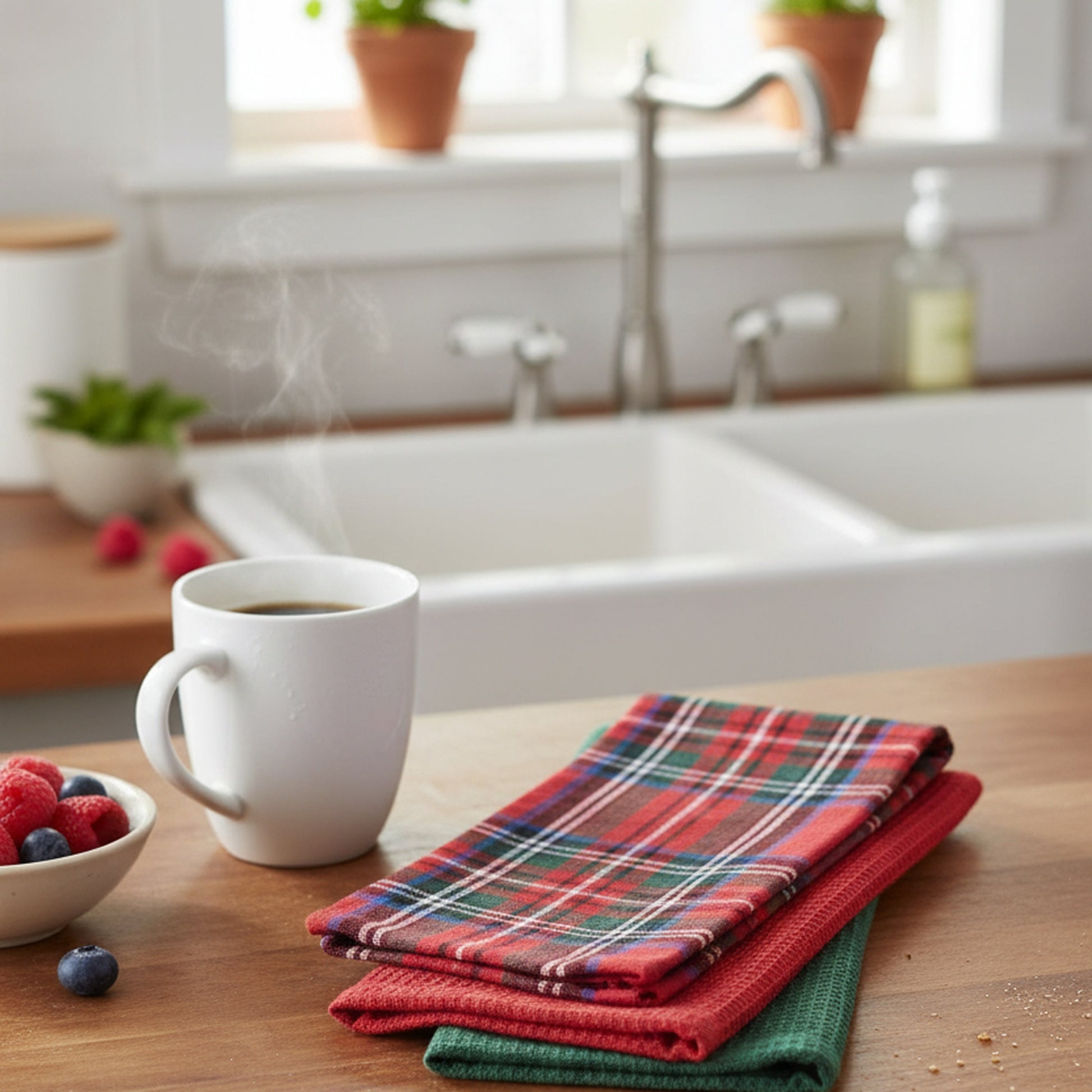 Dish Cloth Set of 3 Piece Classic Tartan, Kitchen Towel, Holiday Decor- Set of 2